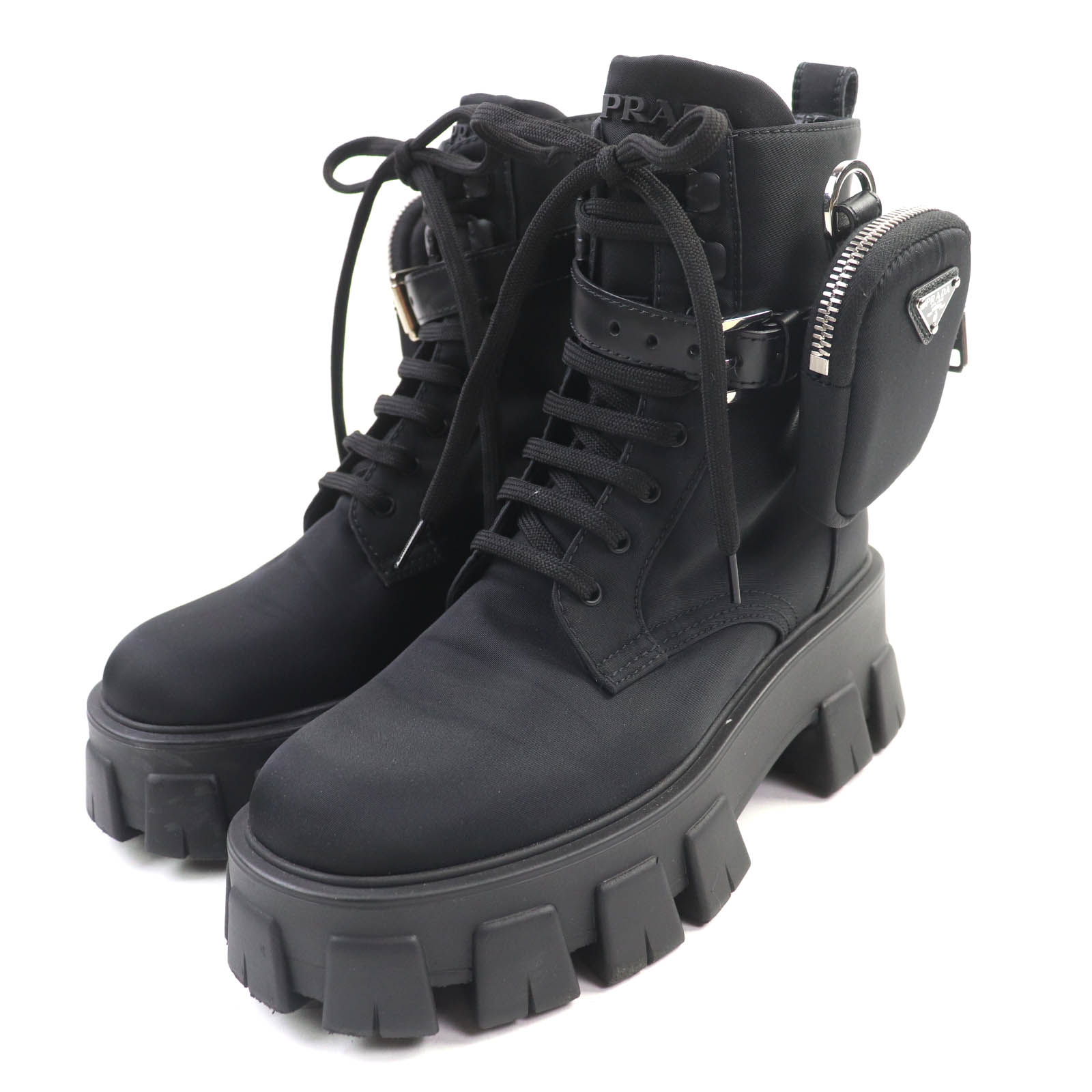美品★PRADA プラダ 1T549M モノリス ポーチ付 トライアングルロゴ Re-Nylon レースアップ ショートブーツ ブラック 35.5 イタリア製 レディース【中古】