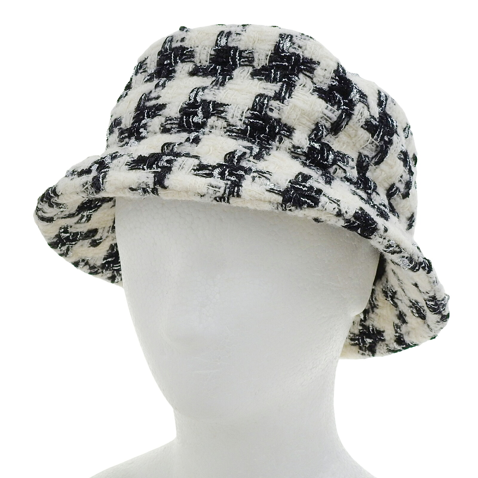 極美品▲CHANEL シャネル 21V ココマーク付き 千鳥格子 ツイード 帽子 ハット ホワイト ブラック M イタリア製 正規品 レディース【中古】