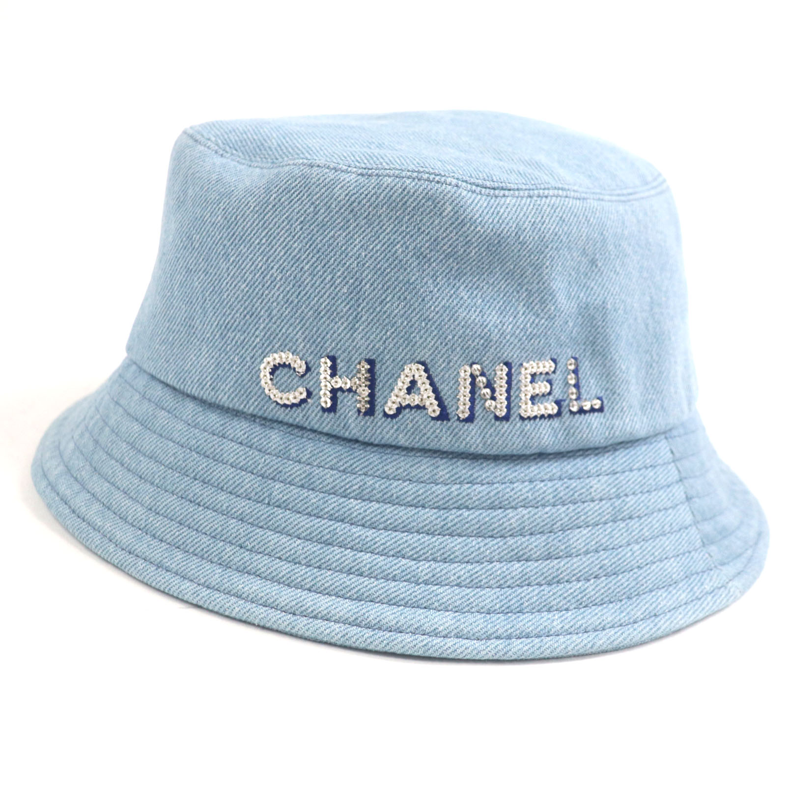 極美品▼CHANEL シャネル 22P コットン100% スパンコールロゴ デニム 帽子 バケット ハット アイスブルー M 正規品 レディース【中古】｜衣類＆ブランドリサイクル GREEN
