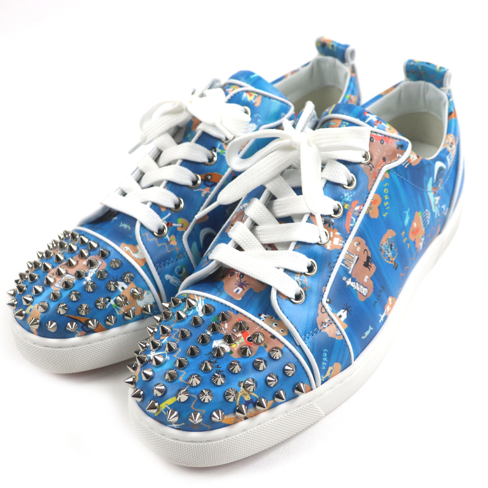 極美品▼Christian Louboutin クリスチャンルブタン ルイス御坊っちゃん なめし革 スパイクスタッズ ローカットスニーカー 青み 白いこと 40.5 保護すること袋付き添い人 イタリア製 メンズ【中古】