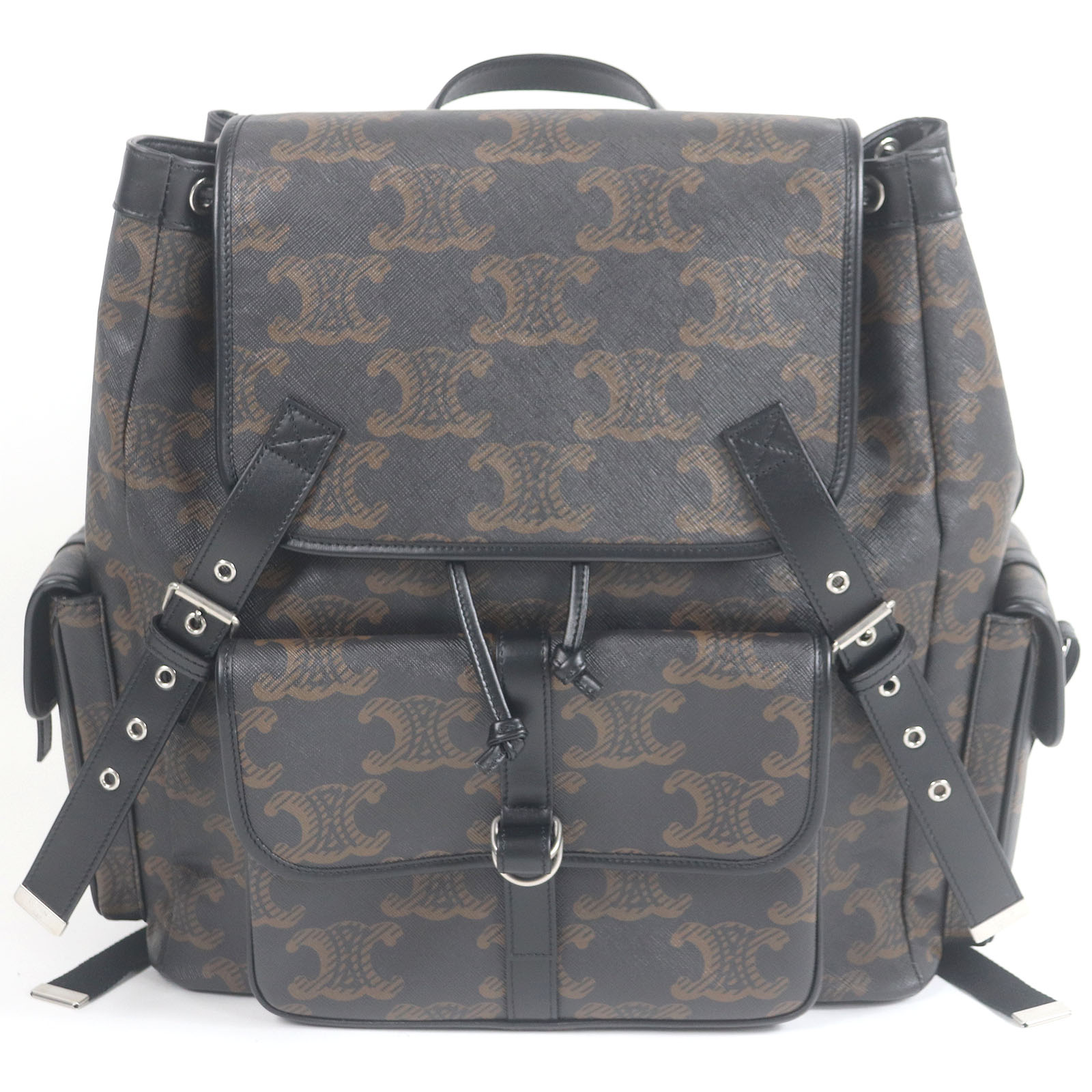 極美品□CELINE セリーヌ 11181 コーティングキャンバス トリオンフ 総柄 リュックサック デイパック ブラック ブラウン 保存袋付き メンズ【中古】