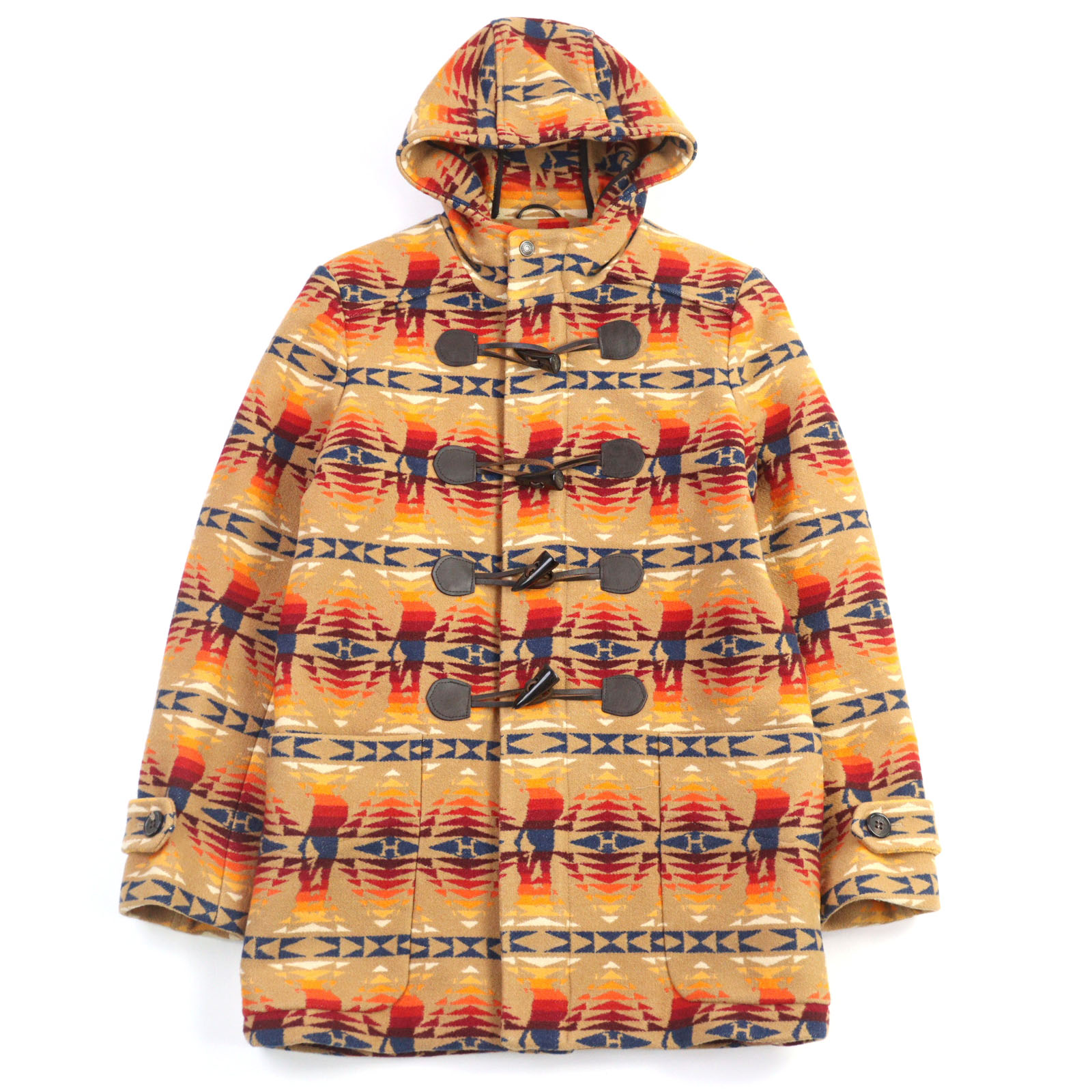 極美品○HYSTERIC GLAMOUR PENDLETON ヒステリックグラマー ペンドルトン 0234AC03 毛糸 綿織物 HYS TIMES総柄 フーデッド トグルボタン ダッフルコート マルチ色つや S USA製 定め事品 メンズ【中古】