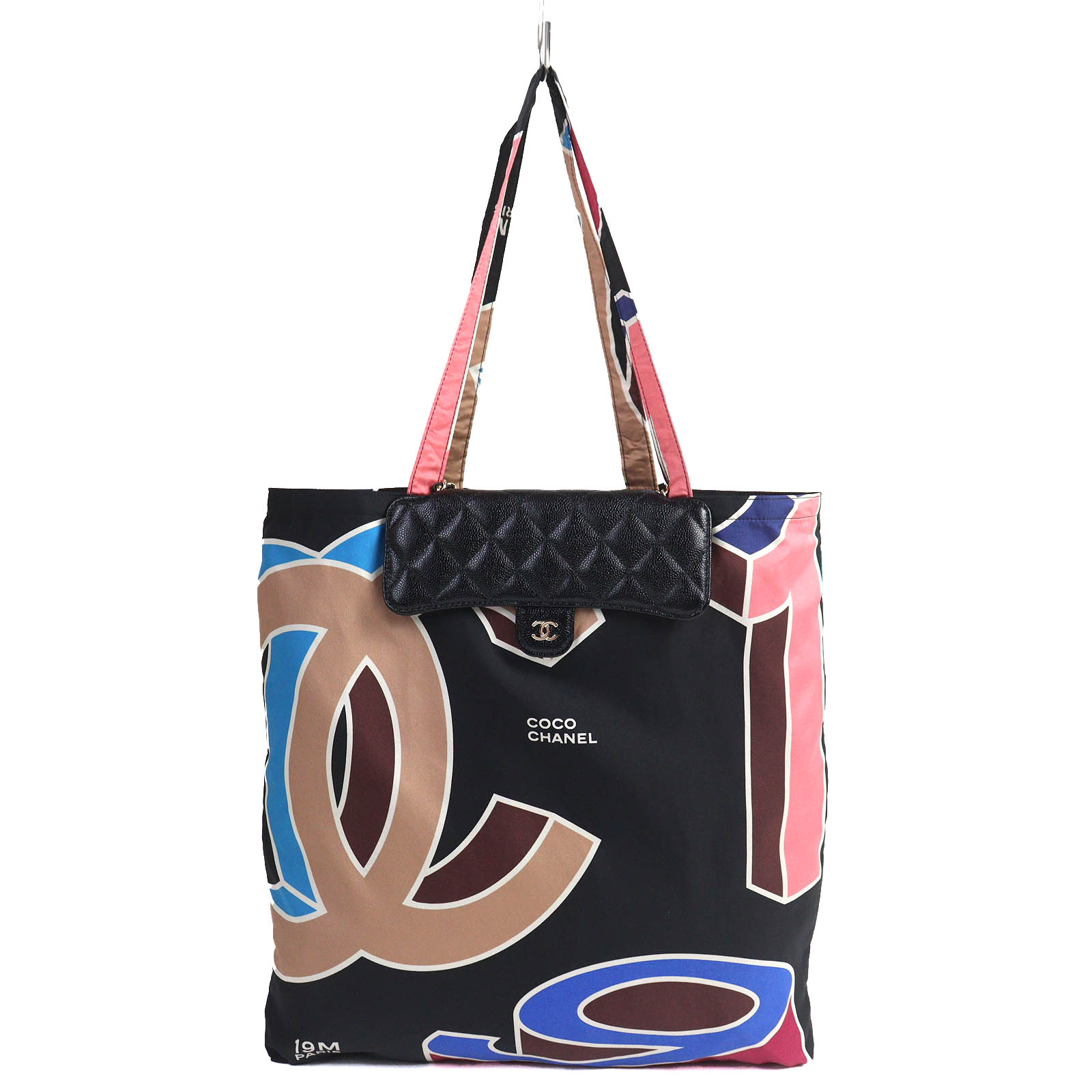 極美品△CHANEL シャネル ココマーク キャビアスキン チェーンショルダー エコバッグ ランダムシリアル ブラック マルチカラー 箱・保存袋付き イタリア製 レディース【中古】