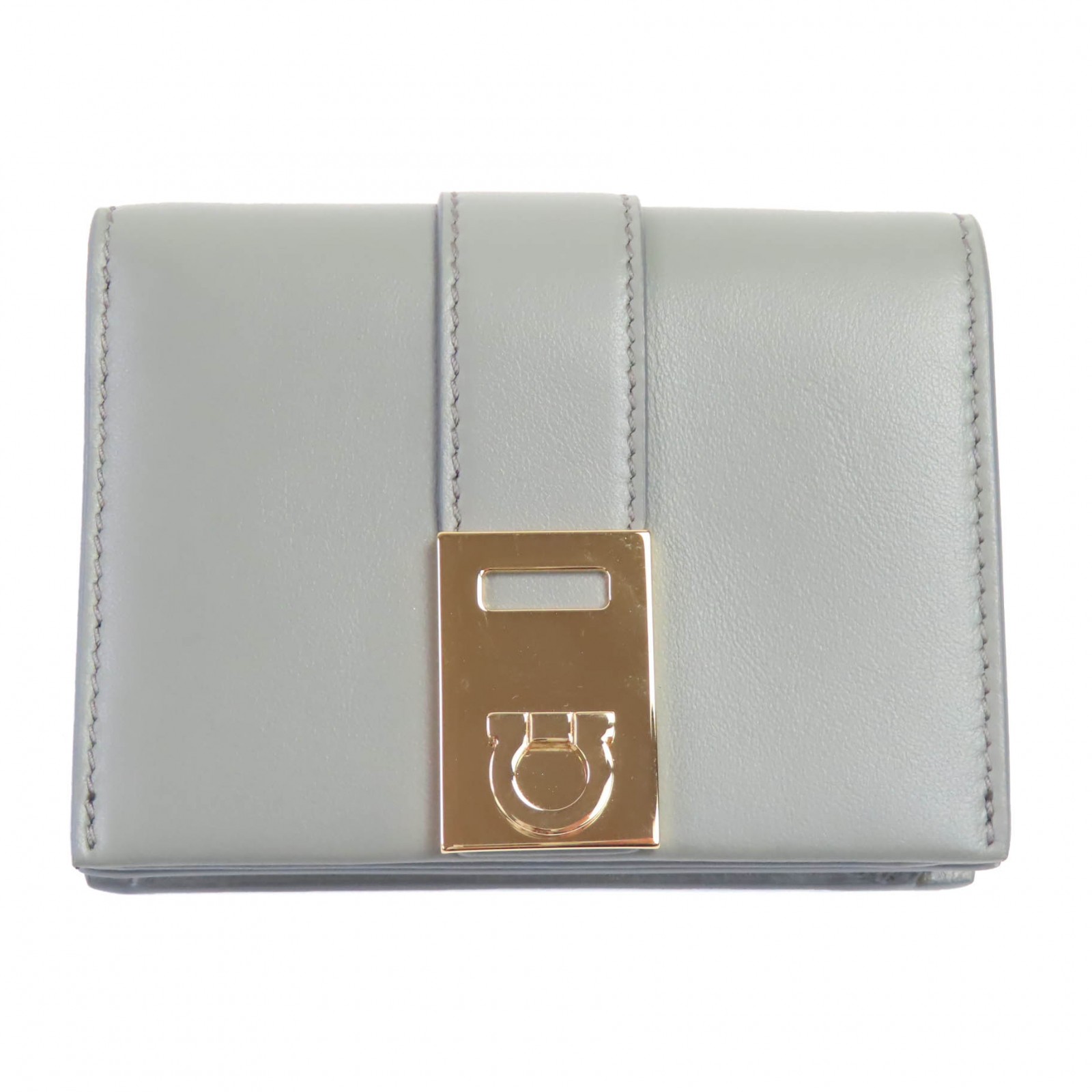 極美品◇FERRAGAMO フェラガモ 0775288 なめし革 ガンチーニ金具付き添い人 コンパクトウォレット 二つ折り紙入れ しろがね色 ゴールド金具 箱付き添い人 イタリア製 レディース【中古】