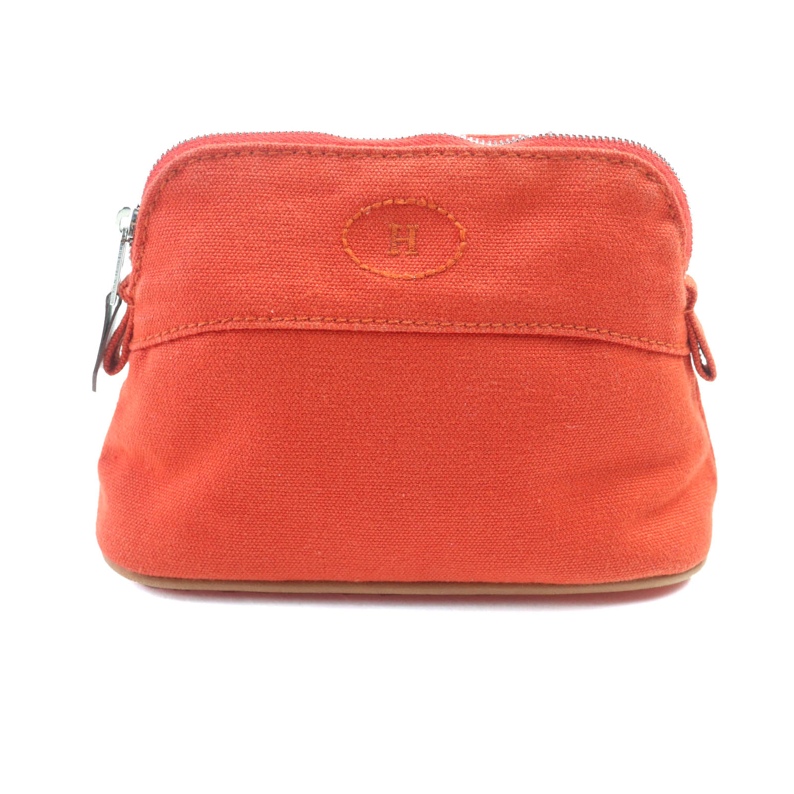 美品◇HERMES エルメス ボリードポーチ ミニミニ 綿織物100% Hロゴタイプ刺しゅう なめし革使い走り かざり付ける合切袋 ミニ 合切袋 オレンジ色 フランス共和国製 レディース【中古】