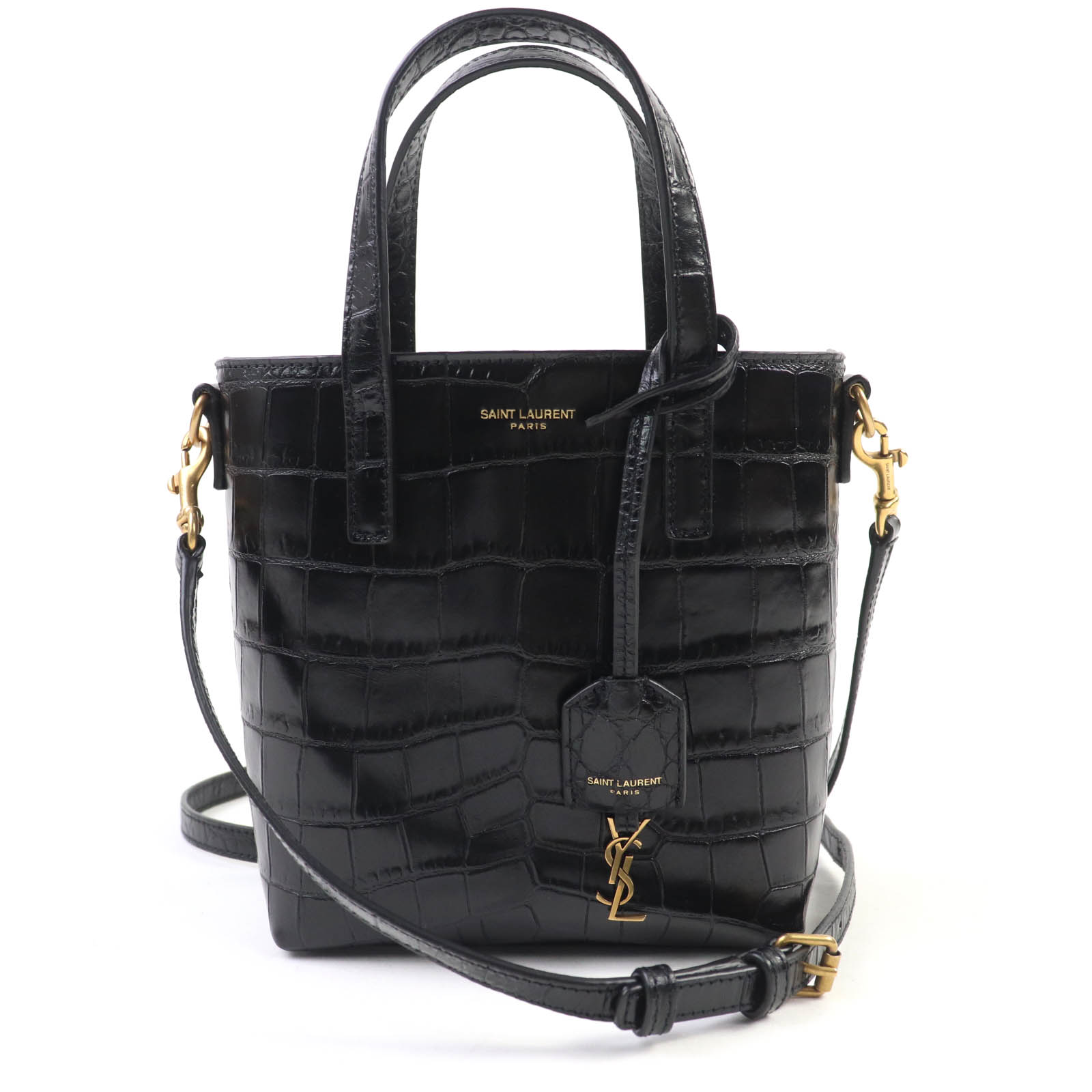 極美品☆SAINT LAURENT PARIS サンローランパリ 712367 ミニ トイ ショッピング レザー クロコ型押し 2WAY ハンドバッグ ショルダーバッグ ブラック 箱・保存袋付き イタリア製 レディース【中古】