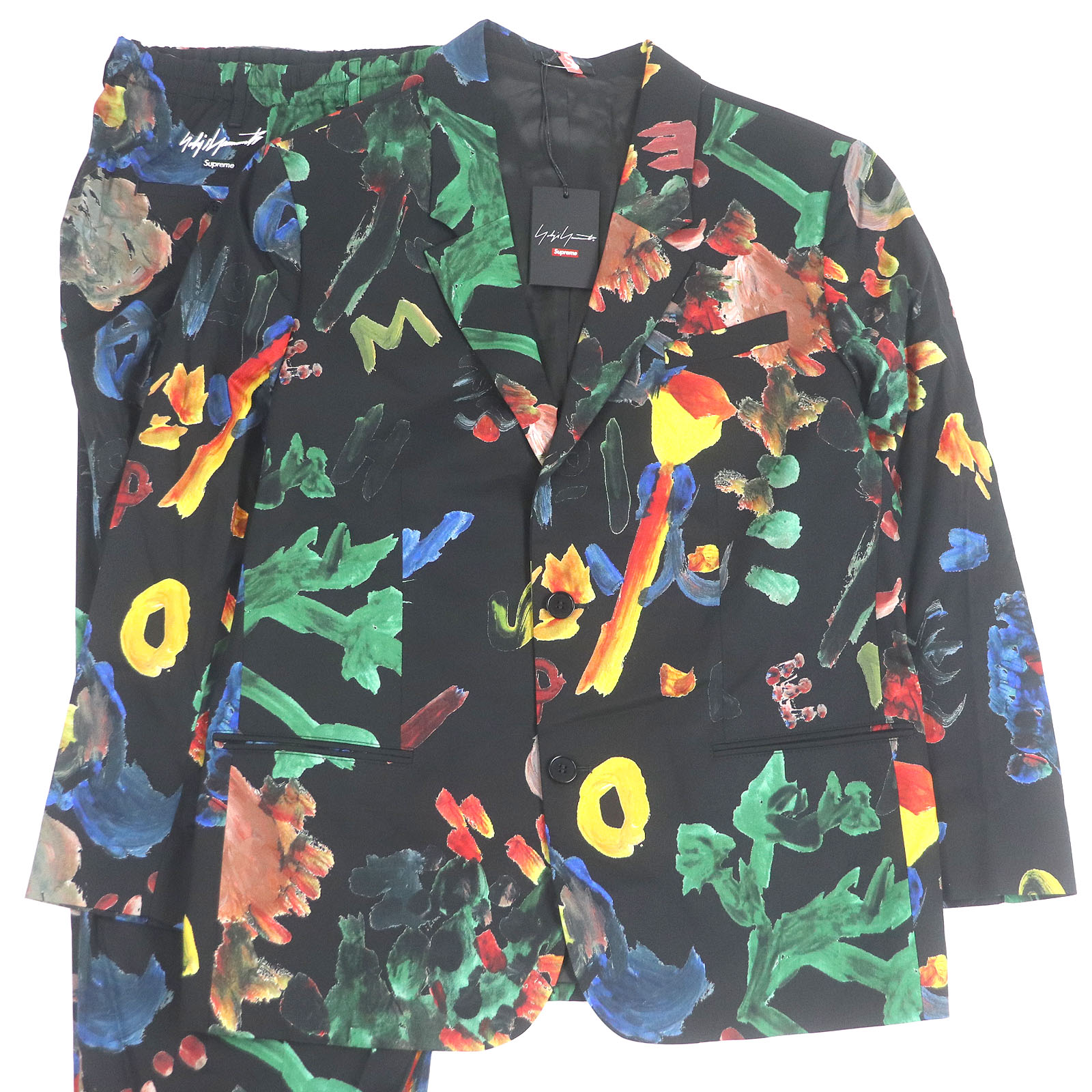 未当て嵌める品□Supreme Yohji Yamamoto シュプリーム ヨウジヤマモト 22AW 総柄 ロゴタイプ刺しゅう シングル背広 セットアップ 黒いこと L 定め事品 メンズ【中古】