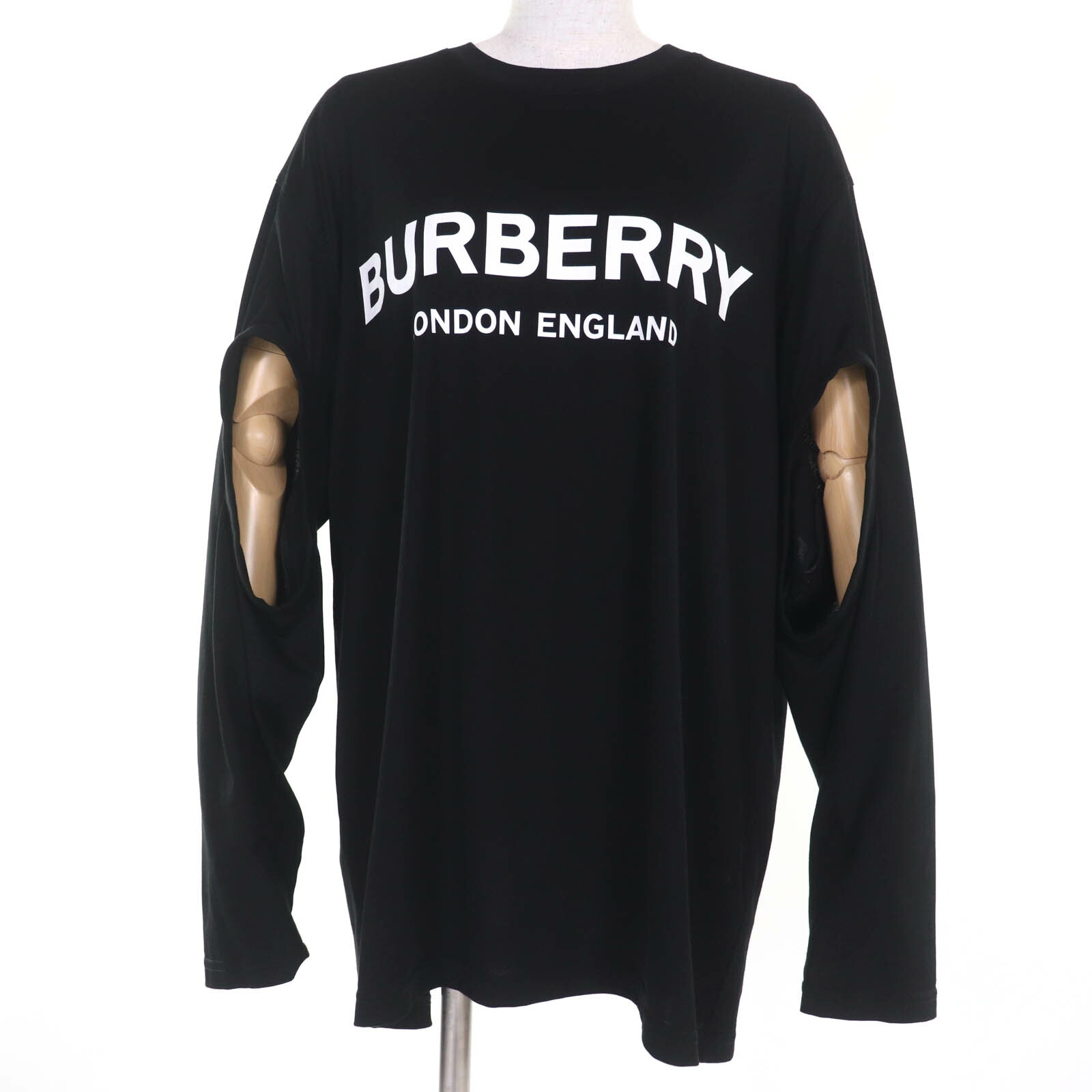 極美品☆BURBERRY バーバリー 8025663 コットン100％ ティッシ期 袖穴あきデザイン ロゴ入り 長袖Ｔシャツ ブラック L 正規品 レディース【中古】