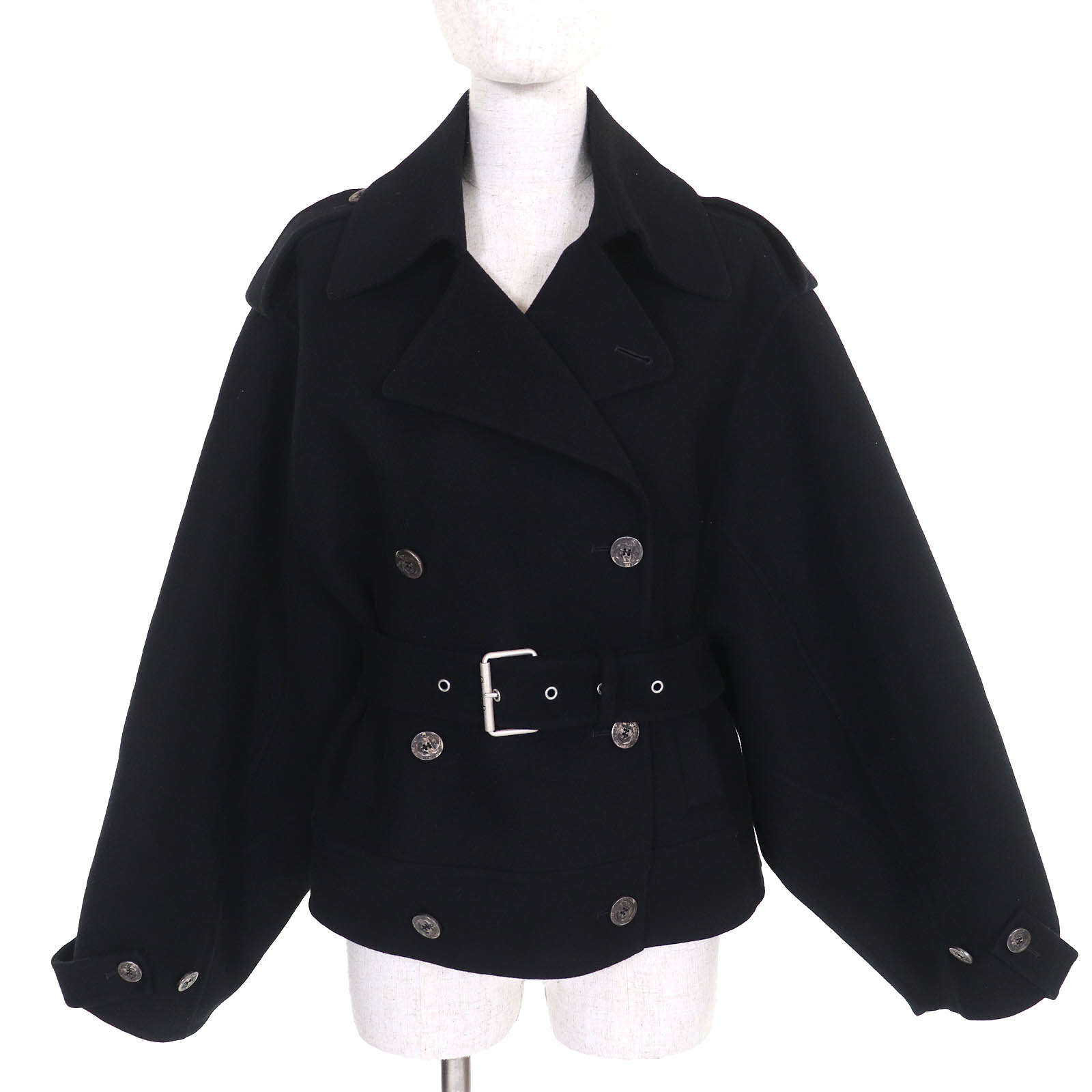 極美品△Christian Dior クリスチャンディオール 25SS 510C62A0060 ウール カシミヤ ベルト付き ロゴボタン ダブルフェイス オーバーサイズ ピーコート ブラック 40 ハンガー・ガーメント付き イタリア製 正規品 レディース【中古】
