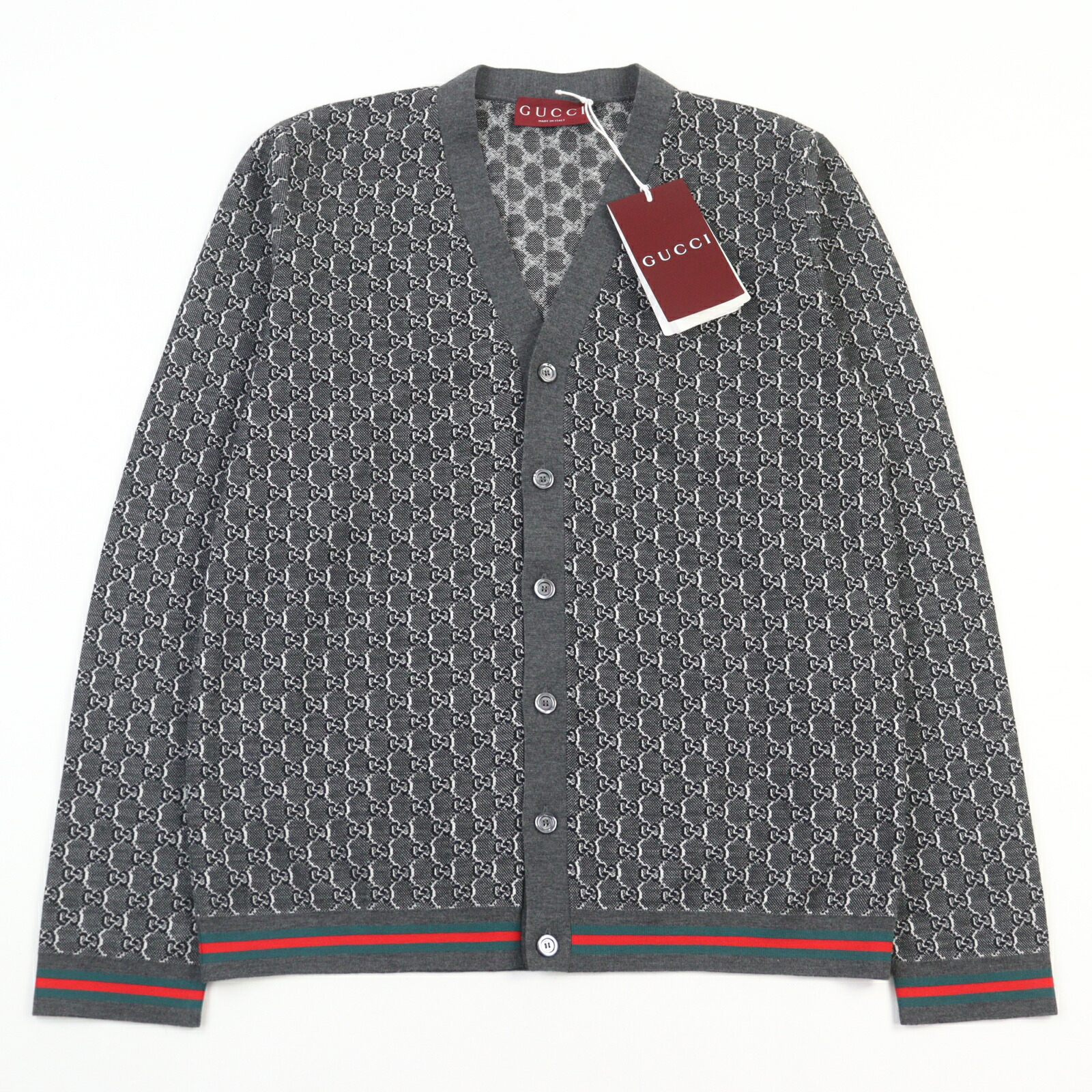 未使用品○GUCCI グッチ 24AW 801702 ウール シルク混 GGジャガード ウェブライン ロゴボタン カーディガン グレー系 S イタリア製 正規品 メンズ【中古】