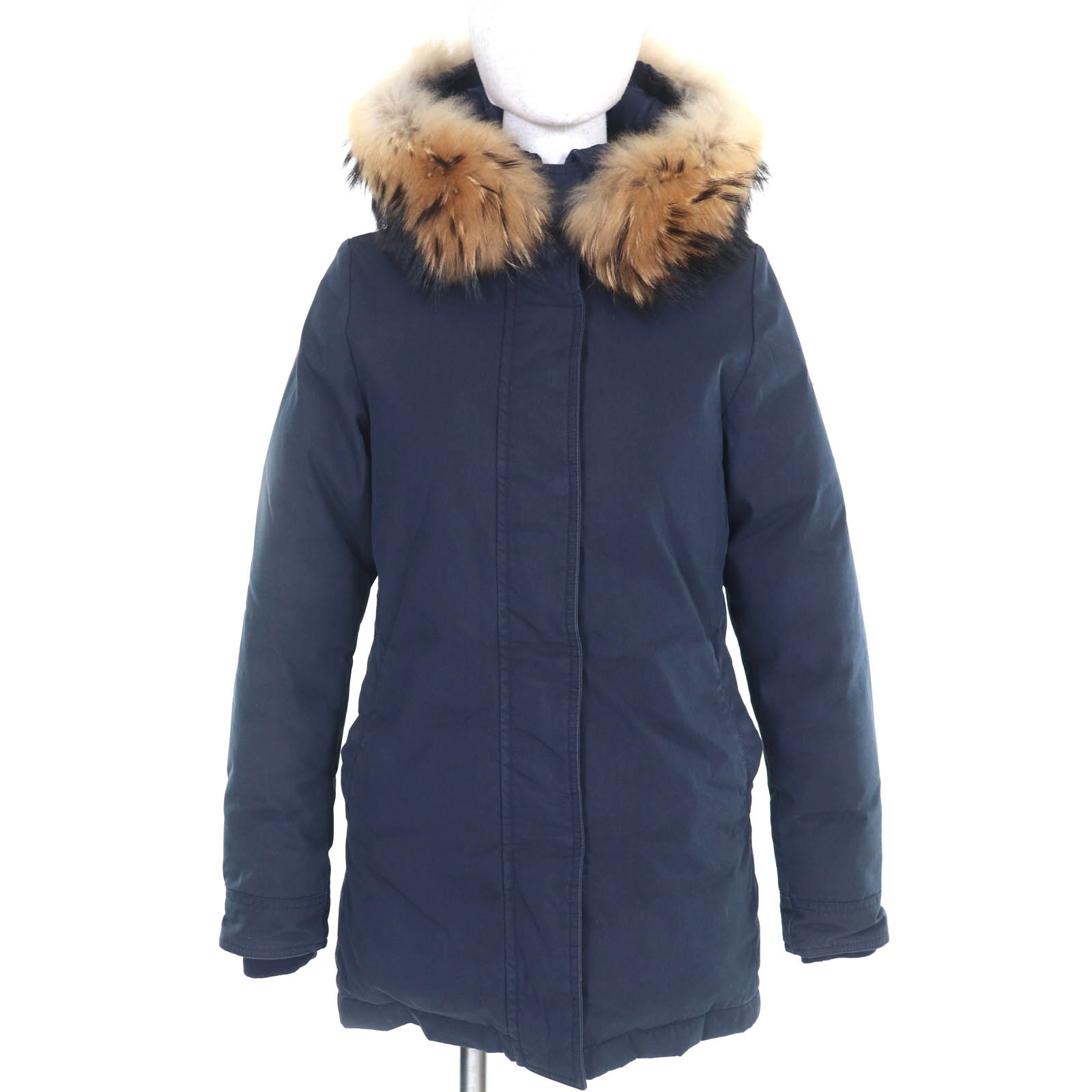 良品◇Pyrenex ピレネックス BORDEAUX コットン ナイロン ファー・フード・ロゴワッペン付き 比翼仕立て ダウンジャケット ネイビー 36 正規品 レディース【中古】