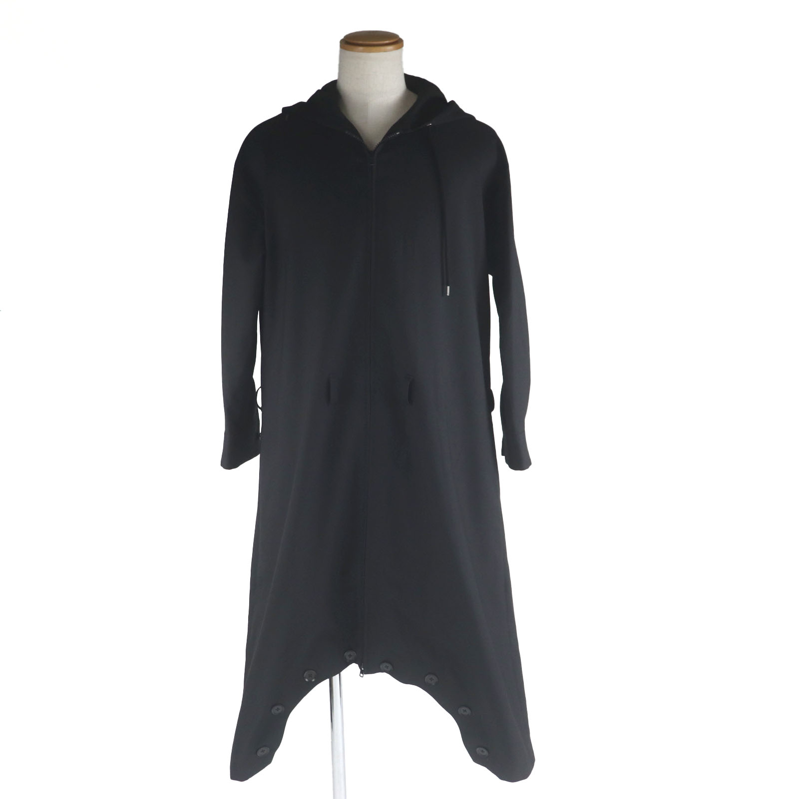 美品▼Ground Y グランドワイ 21SS GT-D01-100 T/W Gabardine Inseam Buttons Overalls 2WAY フルジップ フード付き オーバーオール ツナギ コート ロングジャケット ブラック 1 日本製 正規品 メンズ【中古】
