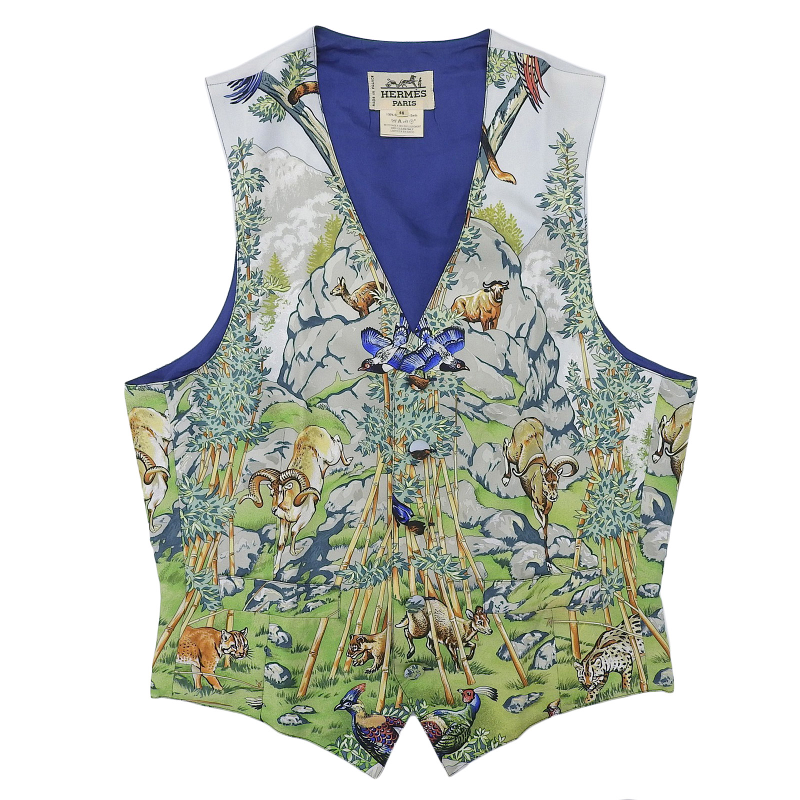 良品▲HERMES エルメス ヴィンテージ シルク100% 超希少 SICHUAN 四川省 アニマル柄 ジレ ベスト マルチカラー 46 フランス製 メンズ【中古】