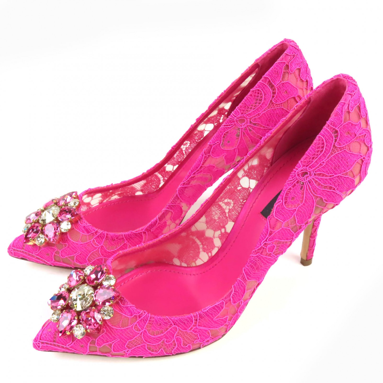 未当て嵌める品◇DOLCE\u0026GABBANA ドルチェ＆ガッバーナ タオルミナレース クリスタルビジュー付き添い人 パンプス サクラ色 38.5 箱・保護すること袋付き添い人 イタリア製 レディース【中古】