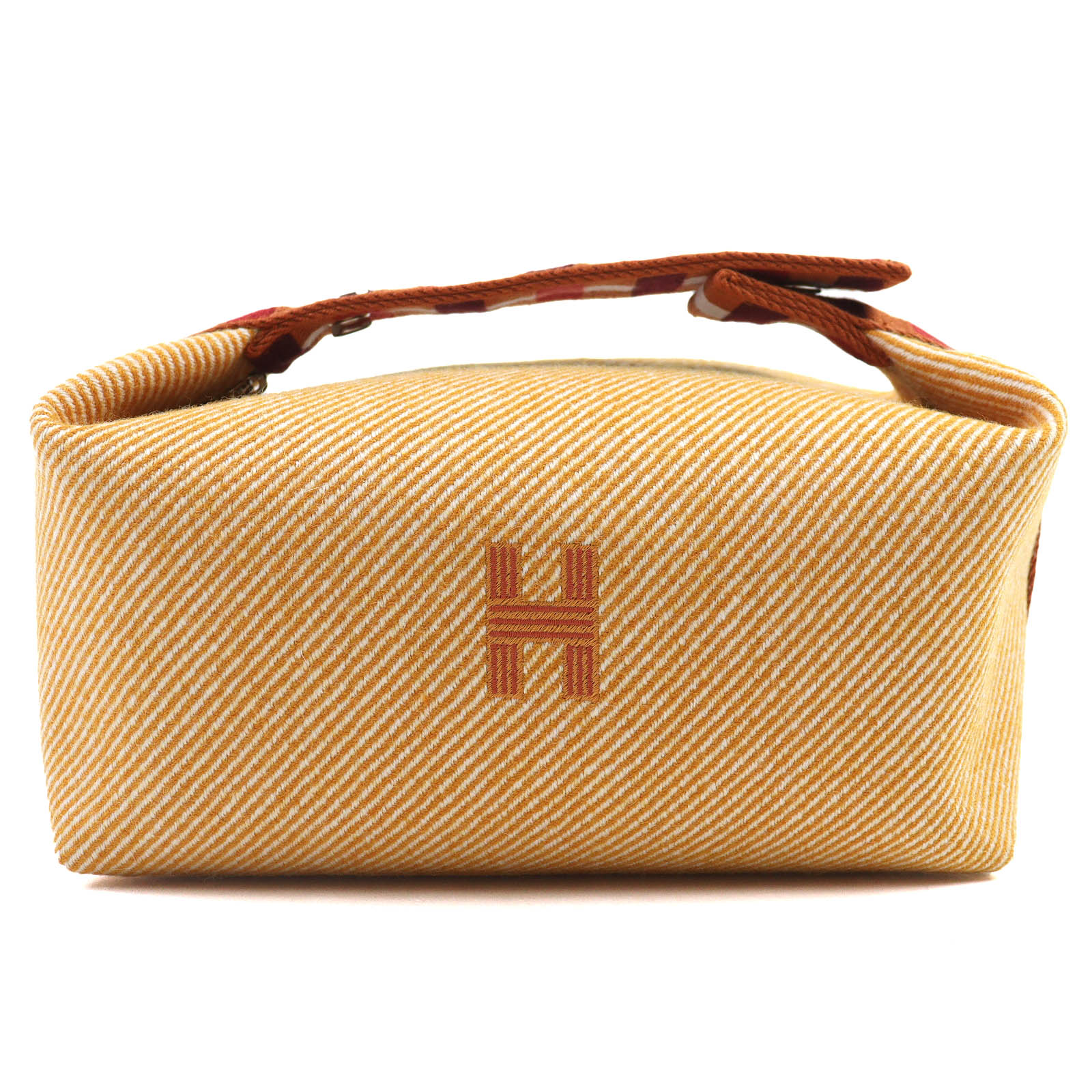 未当て嵌める品△HERMES エルメス ブリッド ア 黒いこと PM オ・カレ 羊毛100％ フォーブ オレンジ色 しろがね色金具 Hロゴタイプ ハンドバッグ 車寄せ フランス共和国製 レディース【中古】