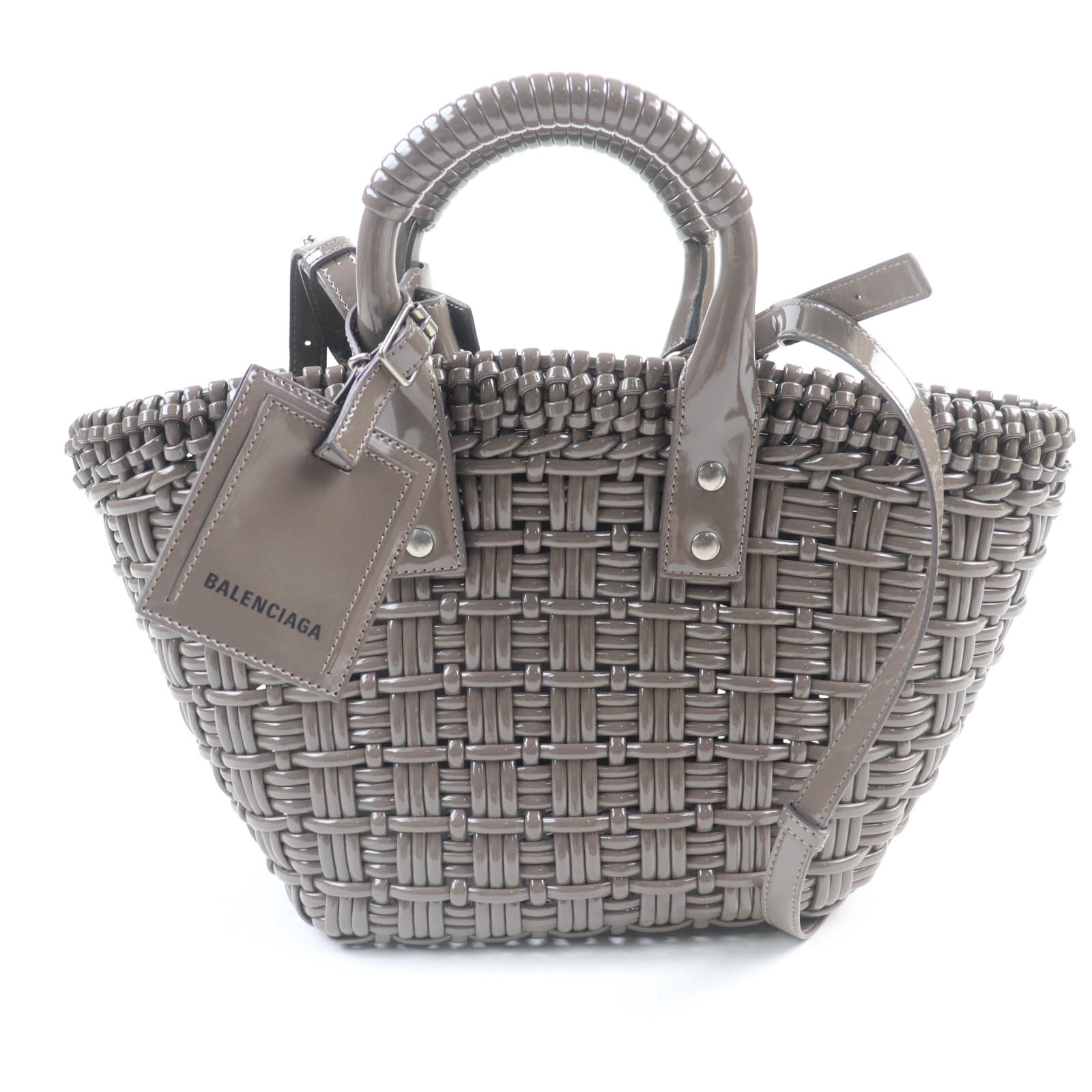 極美品★BALENCIAGA バレンシアガ 671342 ビストロ XS ショルダー付 エナメル 2WAY バスケットバッグ グレー系 保存袋付き イタリア製 レディース【中古】