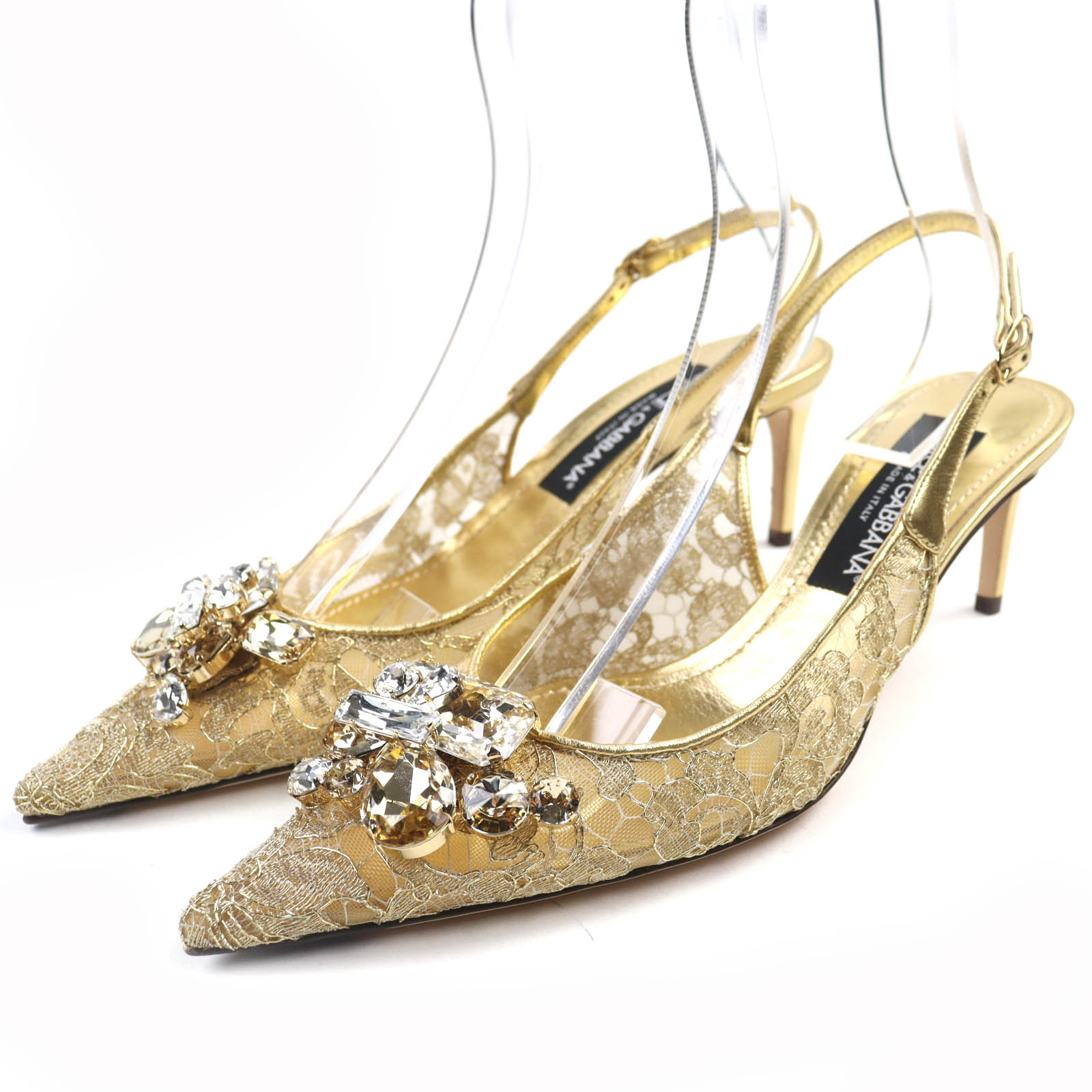 未当て嵌める品◇DOLCE\u0026GABBANA ドルチェ＆ガッバーナ スリングバックパンプス 虹霓スピード競技 ルレックスレース クリスタルビジュー ミュール ゴールド 38 保護すること袋付き添い人 イタリア製 レディース【中古】