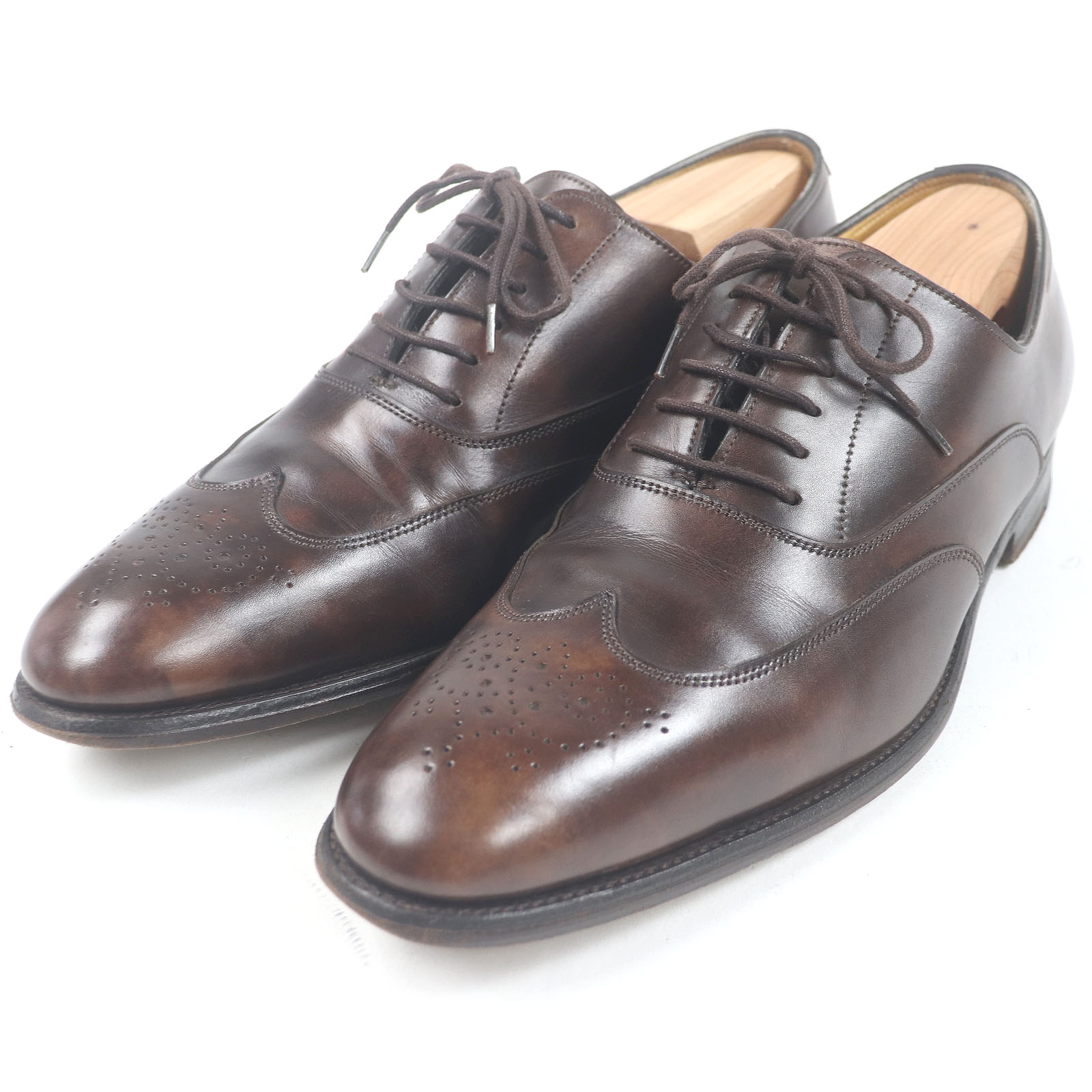 良品□HERMES JOHN LOBB エルメス ジョンロブ JOHN レザー ウィングチップ メダリオン レースアップ ドレスシューズ ブラウン 40.5 イングランド製 メンズ【中古】