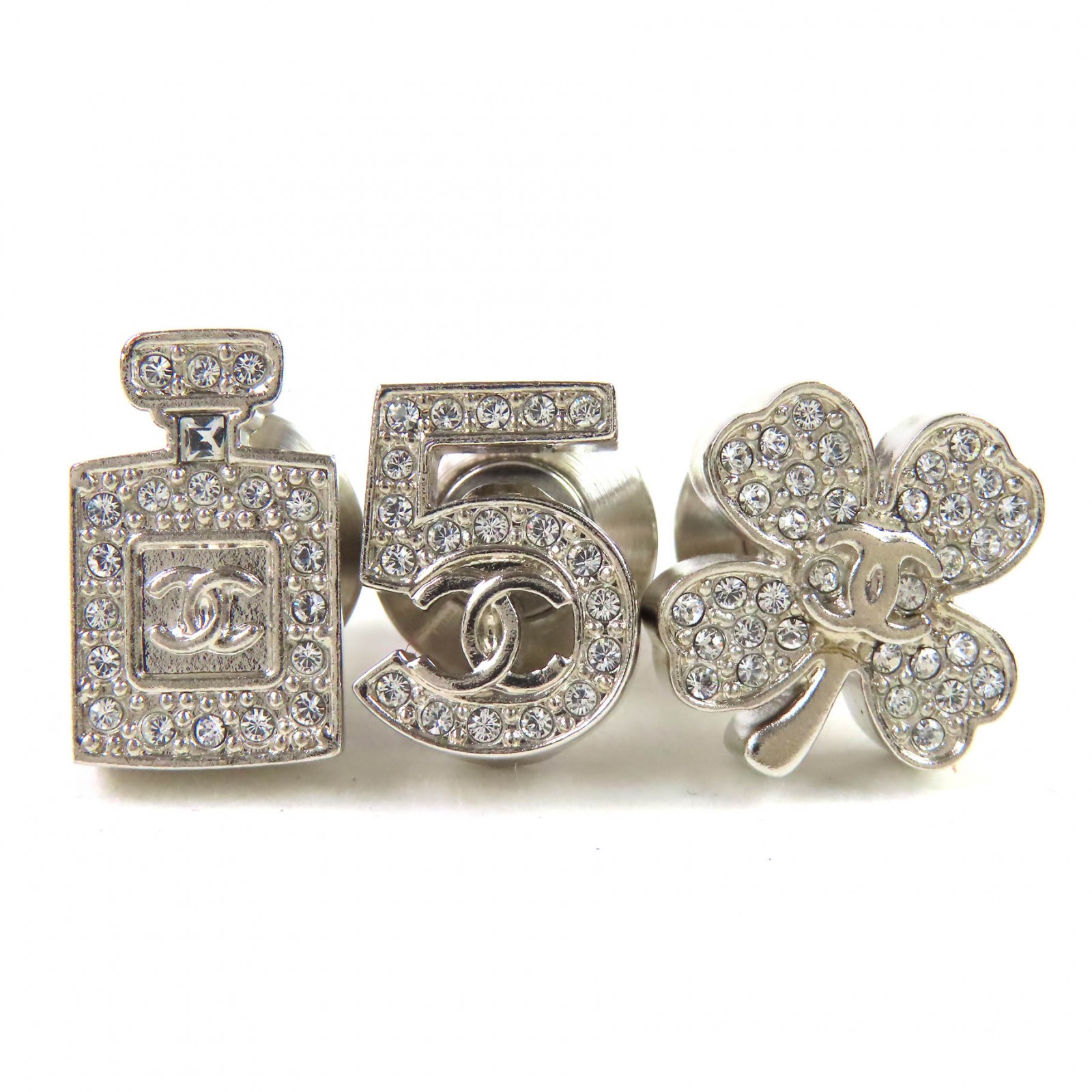 極美品△CHANEL シャネル A22P ココマークアイコン ラインストーン No.5 クローバー ボトル ピンバッチ ブローチ 3個セット シルバー 箱付き フランス製 レディース【中古】