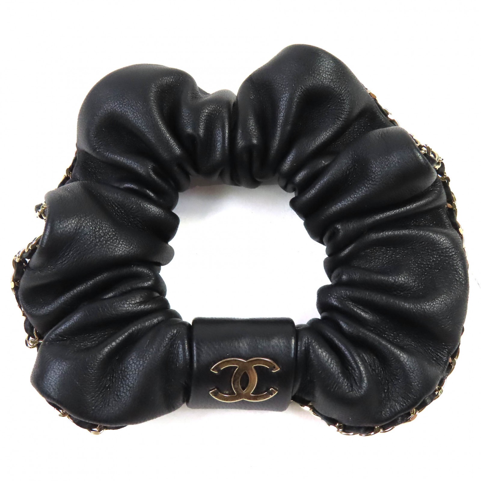 美品△CHANEL シャネル A22 ココマーク・チェーン付き レザー シュシュ 髪留め ヘアアクセサリー ブラック ゴールド金具 フランス製 レディース【中古】