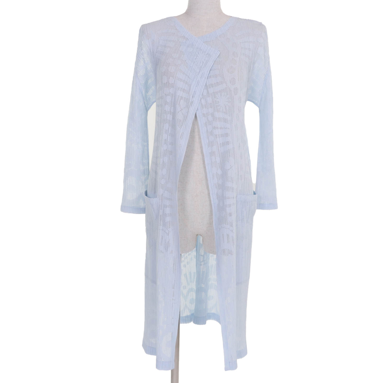 美品☆PLEATS PLEASE 筋目プリーズ イッセイミヤケ PP61-JA741 メッシュ 長袖 ロング ジレー ともし火青み 3 日本製 置き目品 レディース【中古】