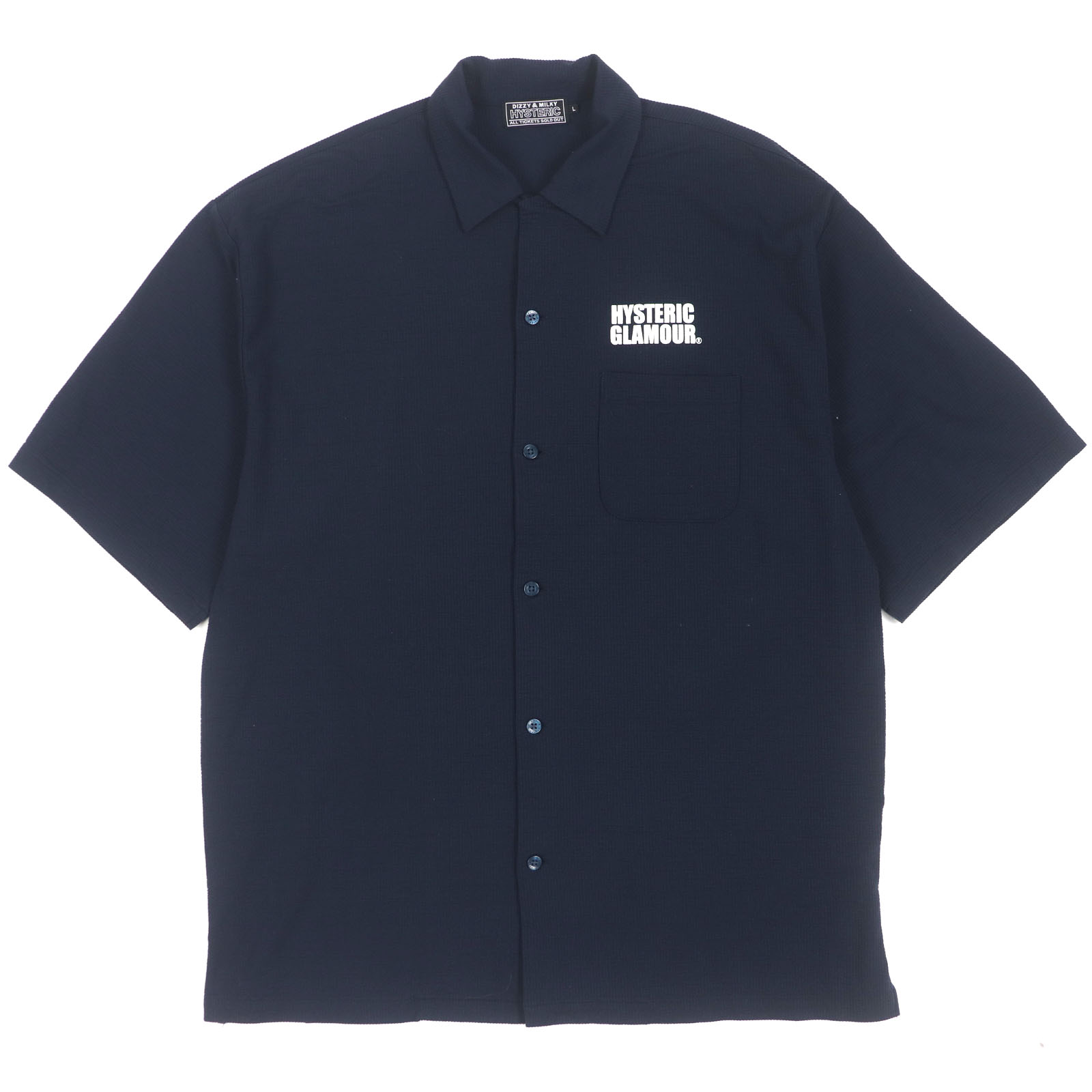 美品▼HYSTERIC GLAMOUR ヒステリックグラマー 24SS 02241CH08 SEE NO EVIL バックプリント ロゴ入りボタン ショートスリーブ 半袖シャツ ネイビー L 日本製 正規品 メンズ【中古】