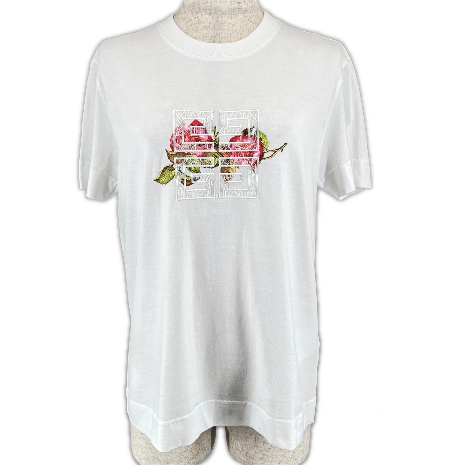 極美品▲GIVENCHY ジバンシィ BW70AS3YP7 コットン100％ クルーネック フローラル ロゴ刺繍 半袖Ｔシャツ ホワイト S 正規品 レディース【中古】
