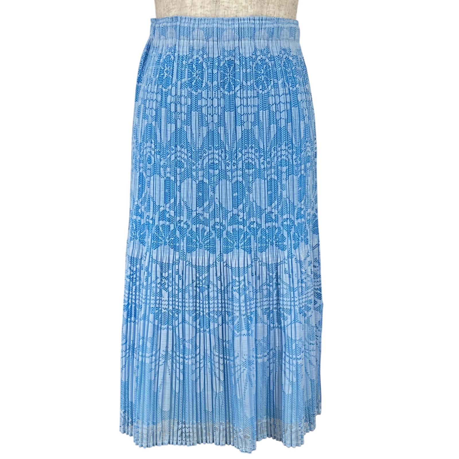 極美品▲PLEATS PLEASE プリーツプリーズ イッセイミヤケ PP11-JG721 総柄 ロング スカート ライトブルー 1 日本製 正規品 レディース【中古】