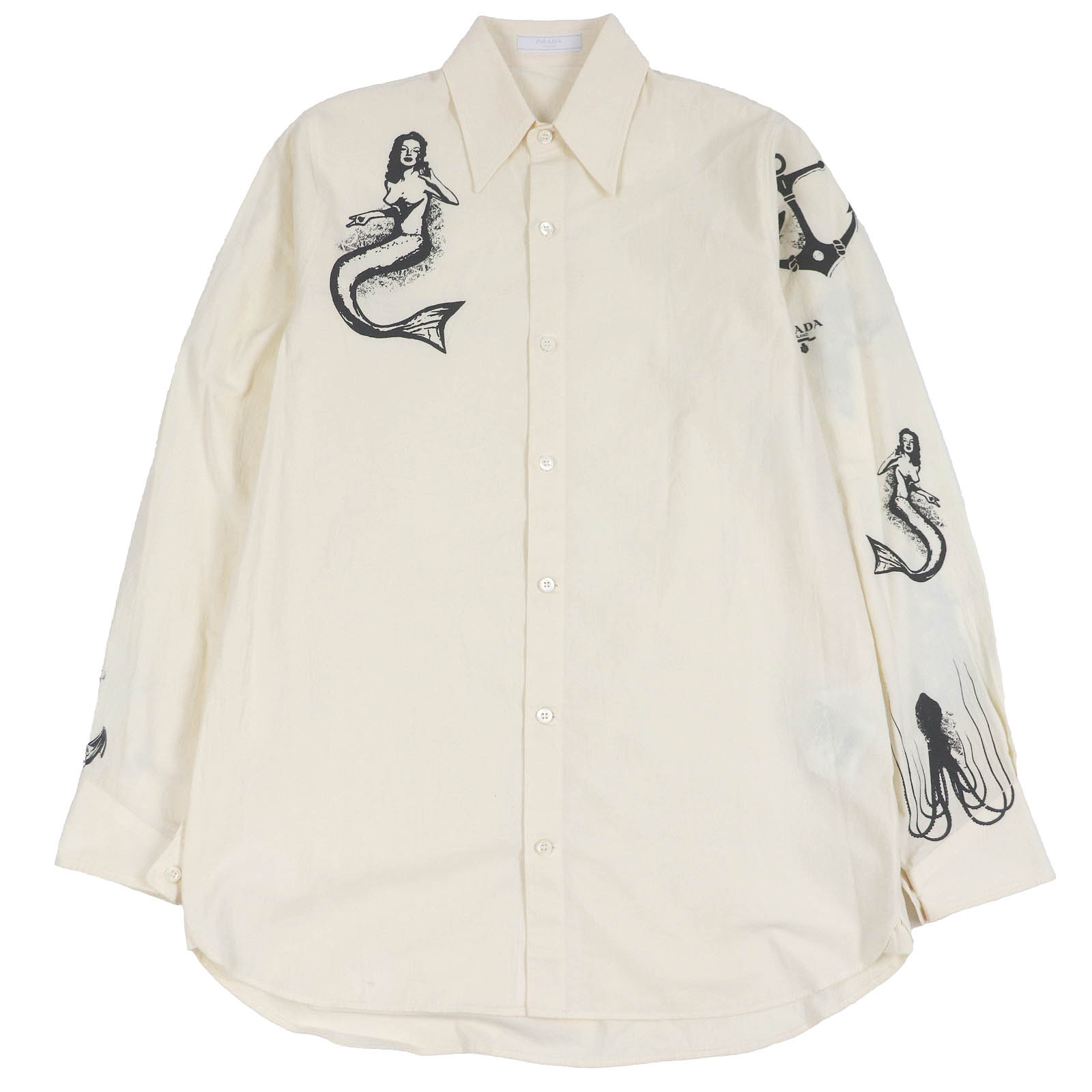 極美品□PRADA プラダ 22SS SC568 コットン100％ タトゥープリント ロングスリーブ 長袖シャツ アイボリー XS イタリア製 正規品 メンズ【中古】 42,900円