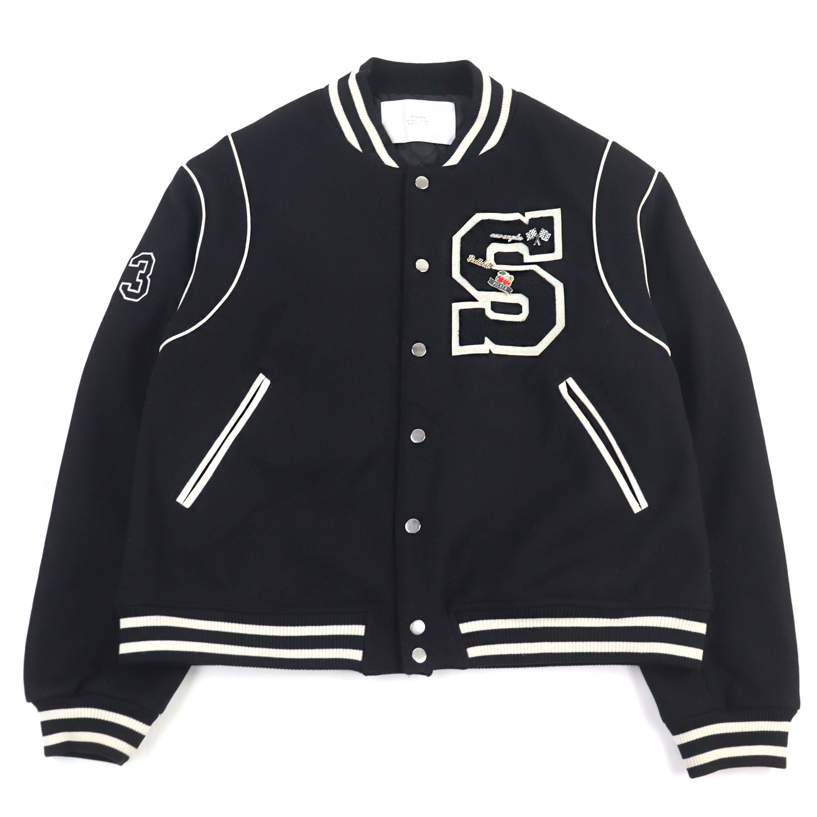 【ドンドン見直し】良品○STAMPD スタンプド 18SS SQUAD JACKET コットン 刺繍 ピンバッジ付き バイカラー スタジャン ブラック ホワイト XL メンズ【中古】 14,313円