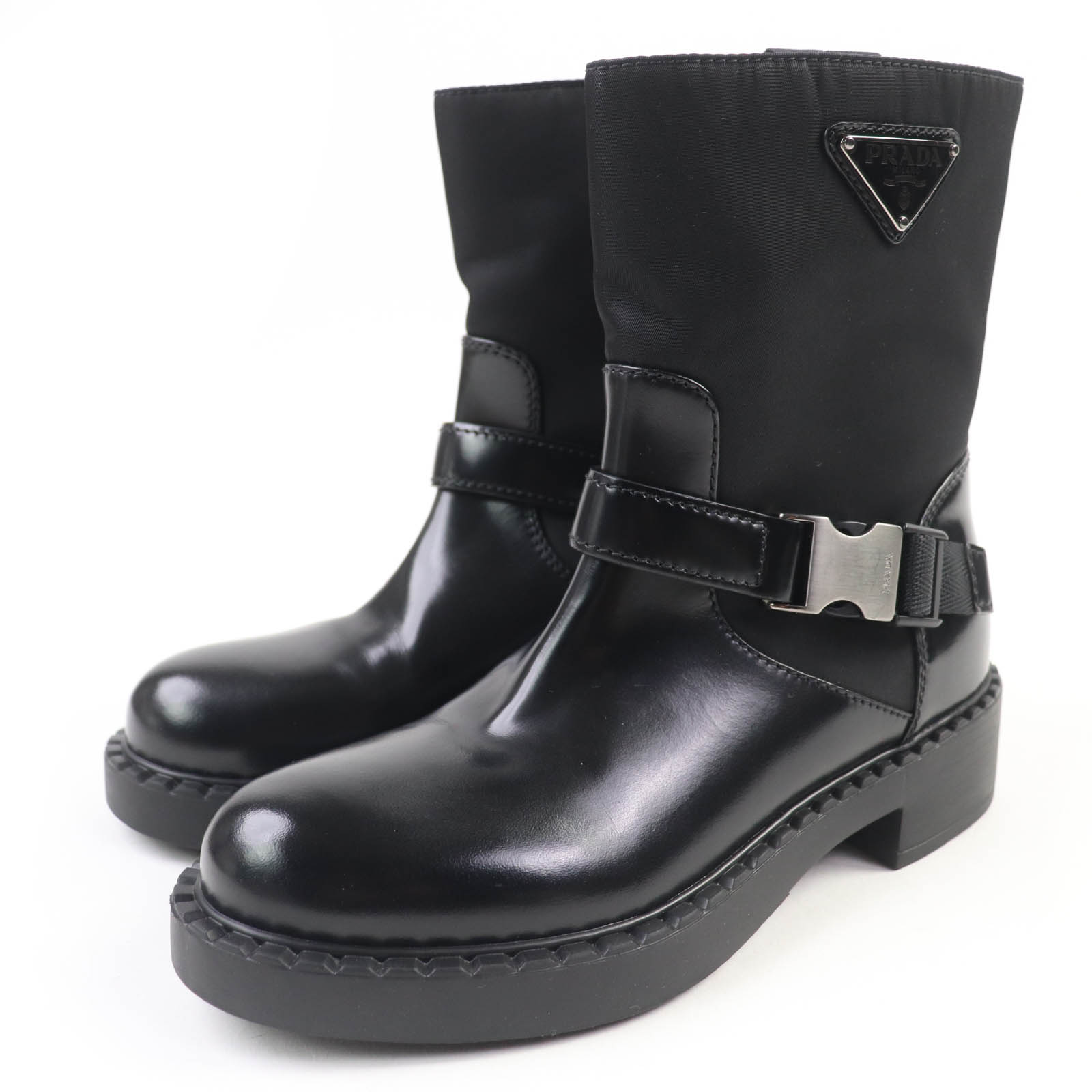 極美品☆PRADA プラダ 1U682M トライアングルロゴ Re-Nylon レザー ショートブーツ ブラック 35.5 イタリア製 レディース【中古】｜衣類＆ブランドリサイクル GREEN