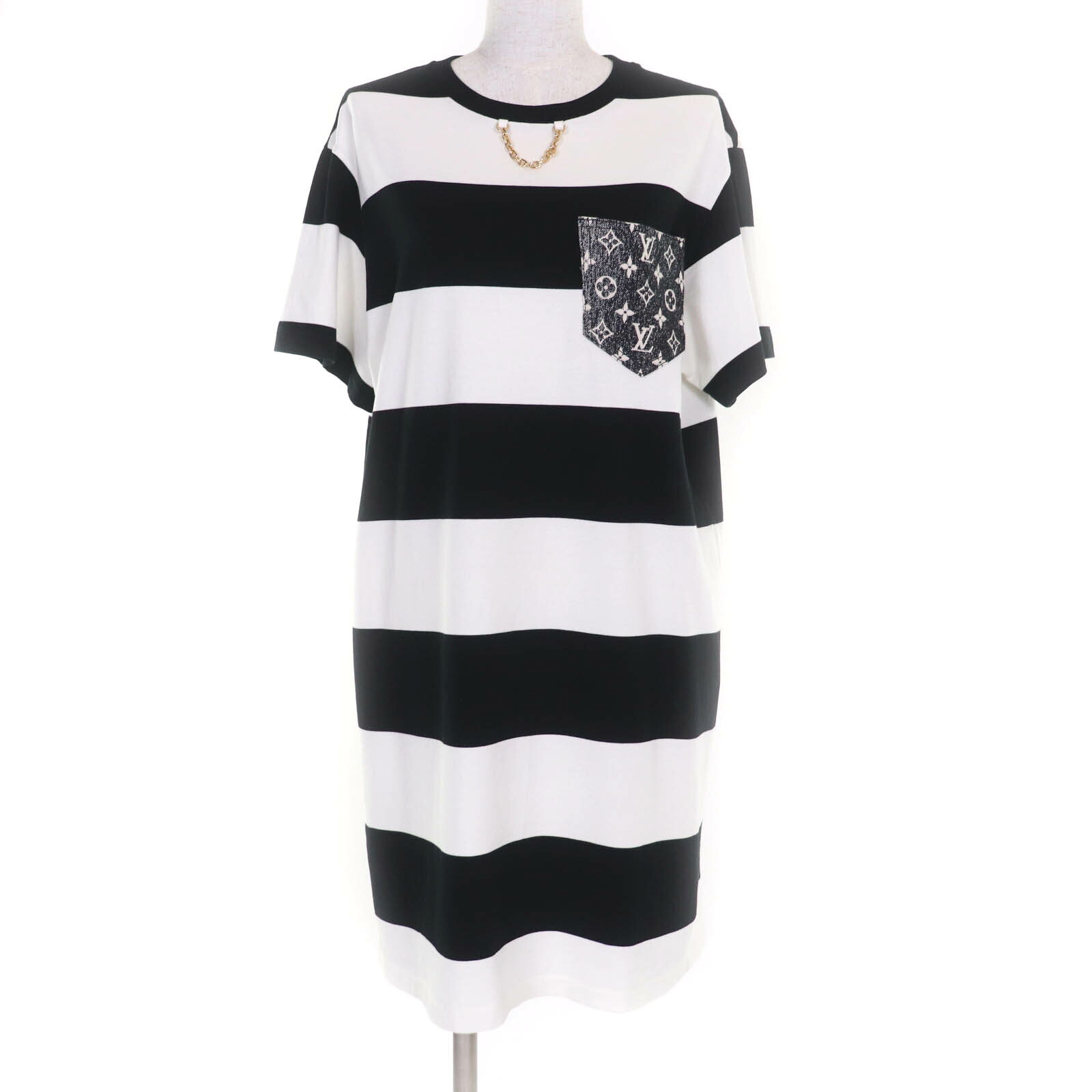 極美品★LOUIS VUITTON ルイヴィトン 23SS 1AAUOX コットン100％ デニムモノグラムポケット チェーン装飾 ボーダー Tシャツ ワンピース ブラック ホワイト レディースMサイズ相当 正規品 レディース【中古】｜衣類＆ブランドリサイクル GREEN 46,860円