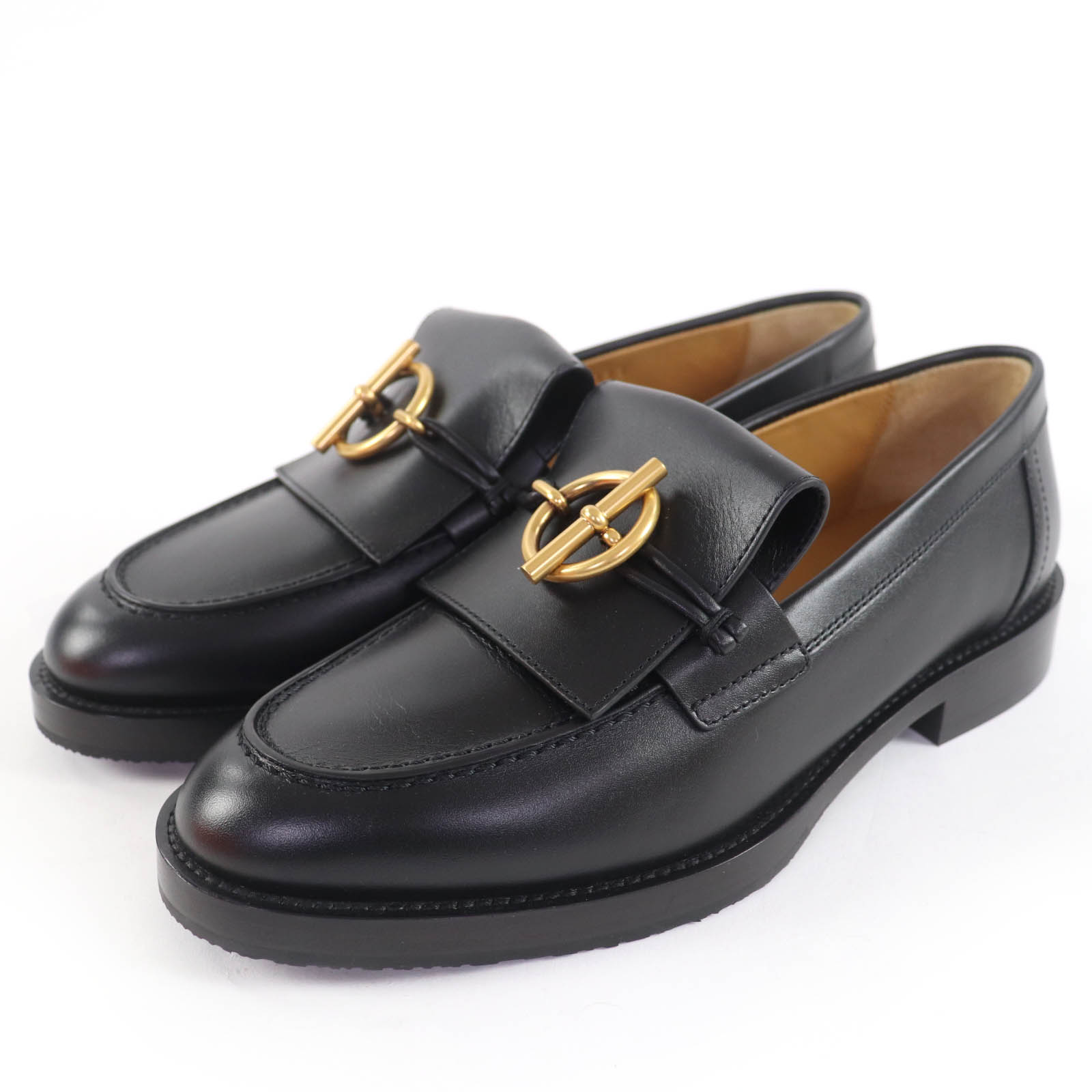 未当てはめる品☆HERMES エルメス 差しひびき ゴールド金具 グレナンバックル付 なめし革 モカシン 黒いこと 36 箱・保護すること袋付き添い人 イタリア製 レディース【中古】