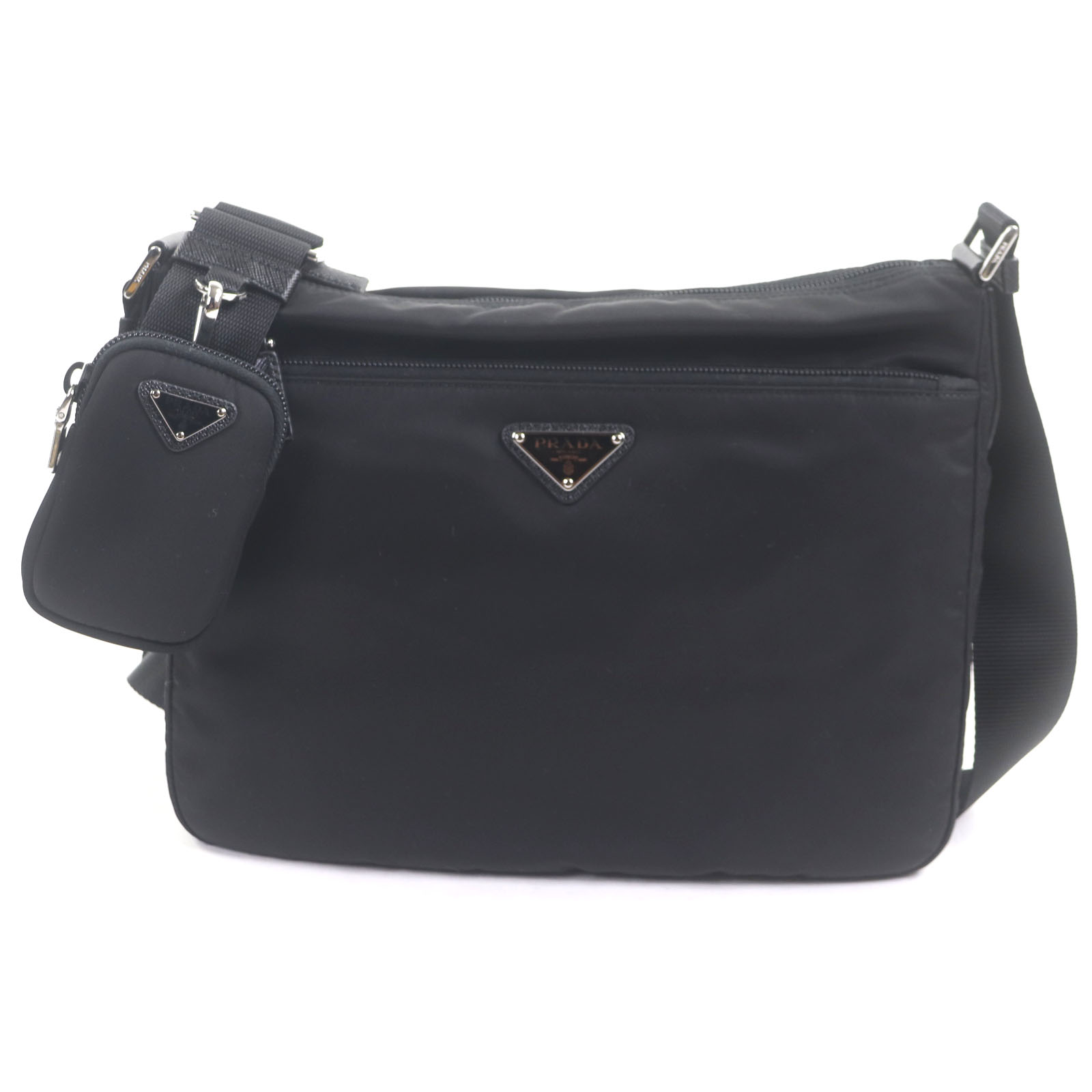 極美品▼PRADA プラダ 1BC421 ナイロン サフィアーノレザー Re-Nylon ３角形ロゴタイプ ３角形一皿 合切袋付き添い人 ショルダーバッグ 黒いこと 保護すること袋付き添い人 イタリア製 メンズ【中古】 ショルダーバッグ・メッセンジャーバッグ-メンズバッグ-バッグ・小物・ブランド雑貨
