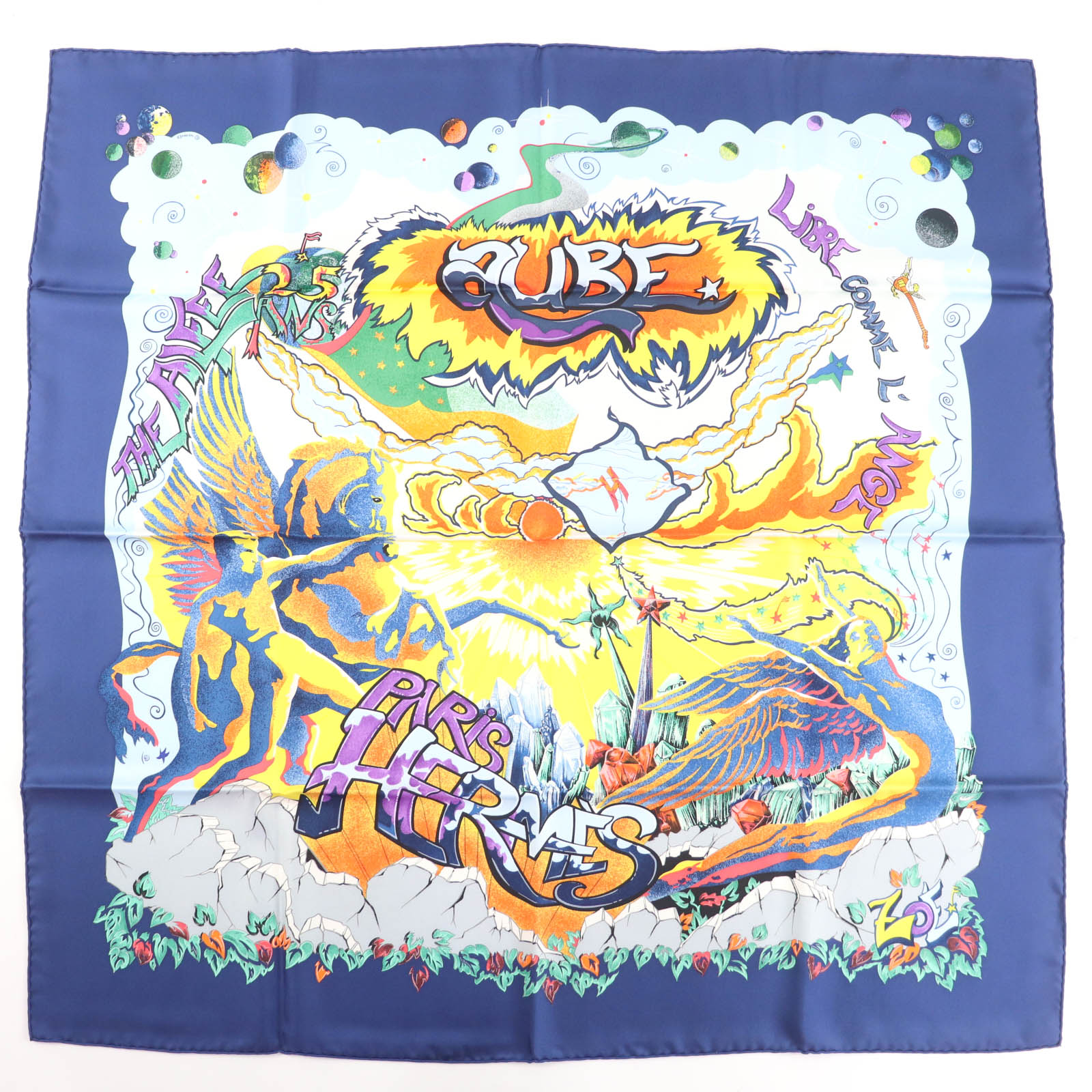 未使用品☆HERMES エルメス カレ90 シルク100％ THE ALFEE AUBE LIBRE COMME L’ANGE 夜明け 25周年記念 希少 スカーフ ネイビー 箱付き フランス製 レディース【中古】