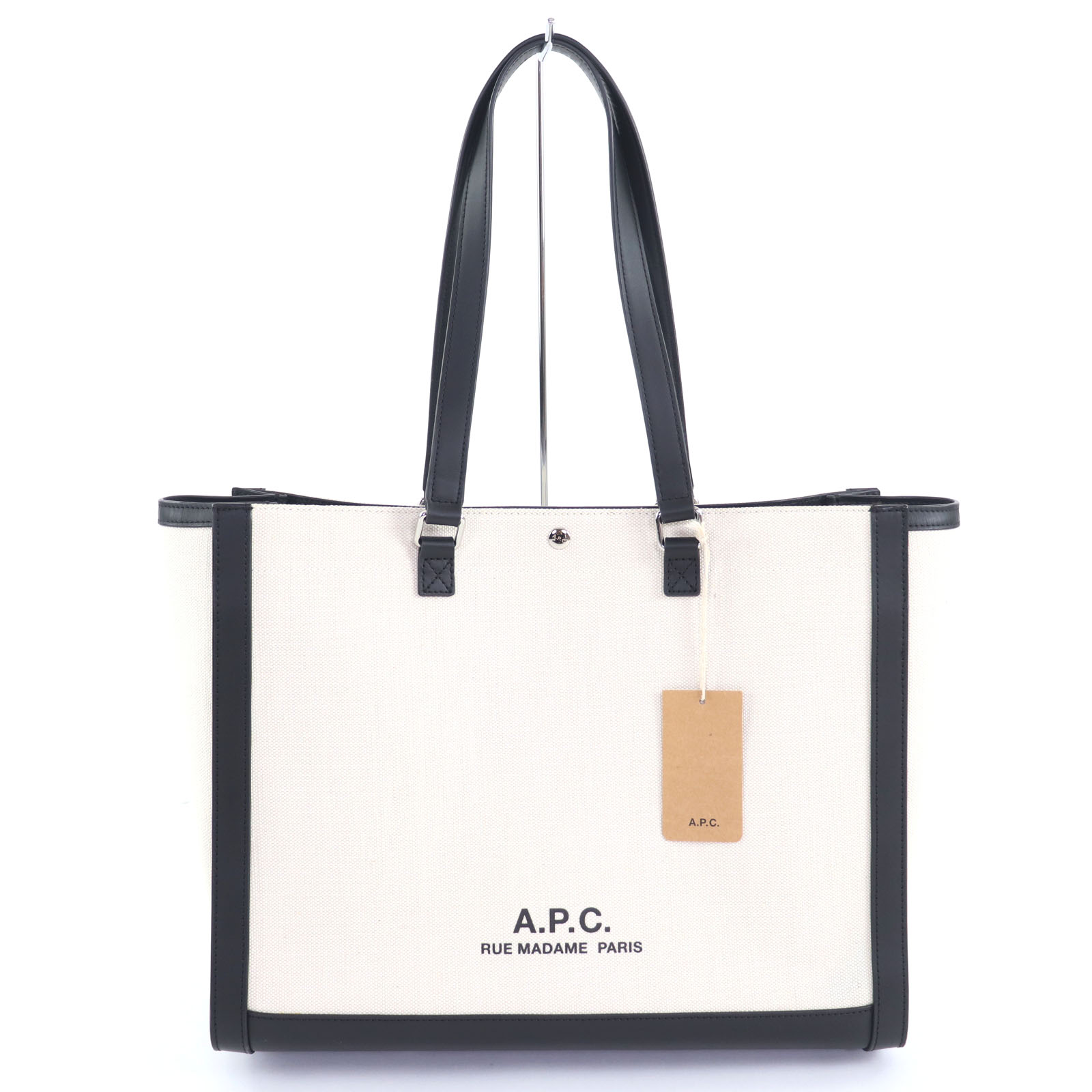 極美品◇A.P.C. アーペーセー M61802 COEYO コットン リネン レザー使い ロゴ金具 2WAY 大型 ショルダー/トートバッグ ブラック アイボリー 保存袋付き レディース【中古】