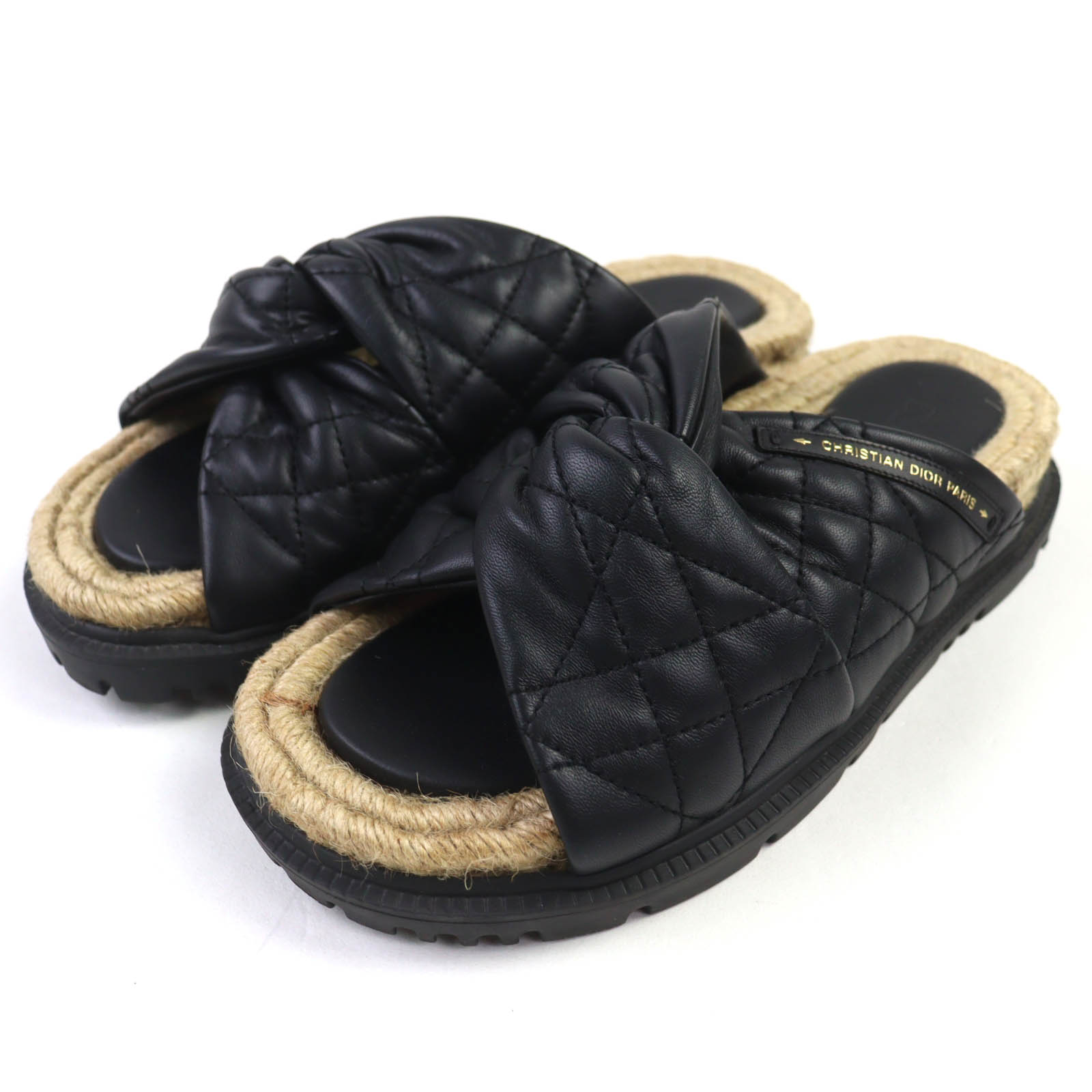 美品△Christian Dior クリスチャンディオール KDQ705CQL DTWIST カナージュ キルティングカーフ エスパドリーユ ミュール サンダル ブラック 35.5 箱・保存袋付き イタリア製 レディース【中古】