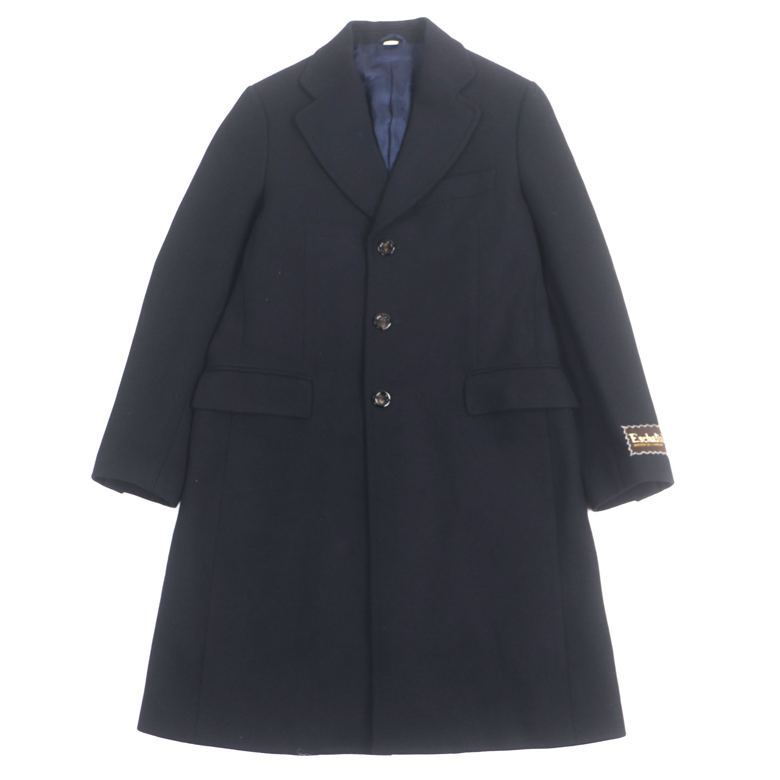 良品▼GUCCI グッチ 661210 ウール90% ヘリンボーン柄 ロゴ入りボタン シングル チェスターコート ネイビー 44 イタリア製 正規品 メンズ【中古】