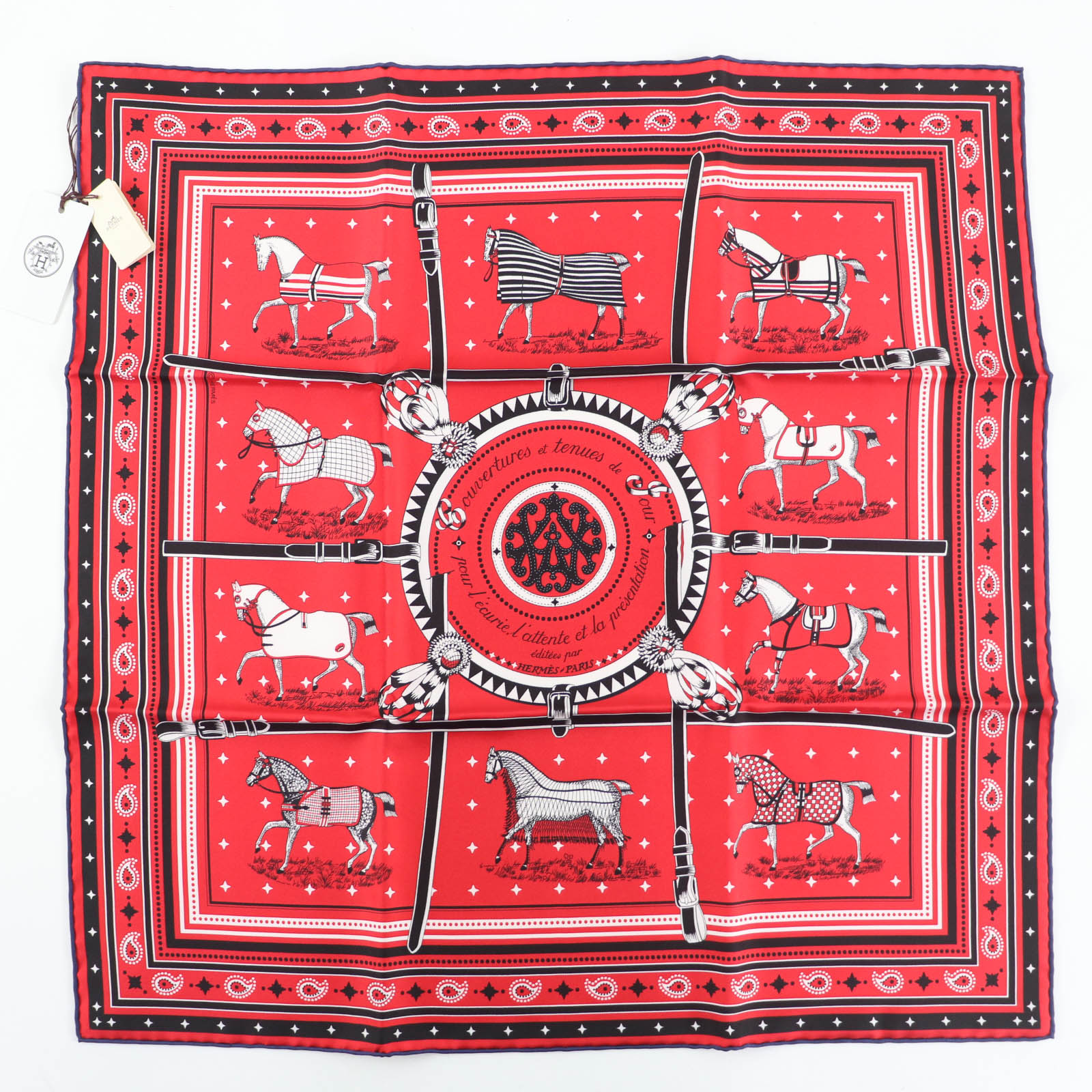 未使用品☆HERMES エルメス カレ55 Couvertures et Tenues de Jour 馬着 シルク100％ ROUGE/NOIR/BLANC スカーフ 箱付き フランス製 レディース【中古】