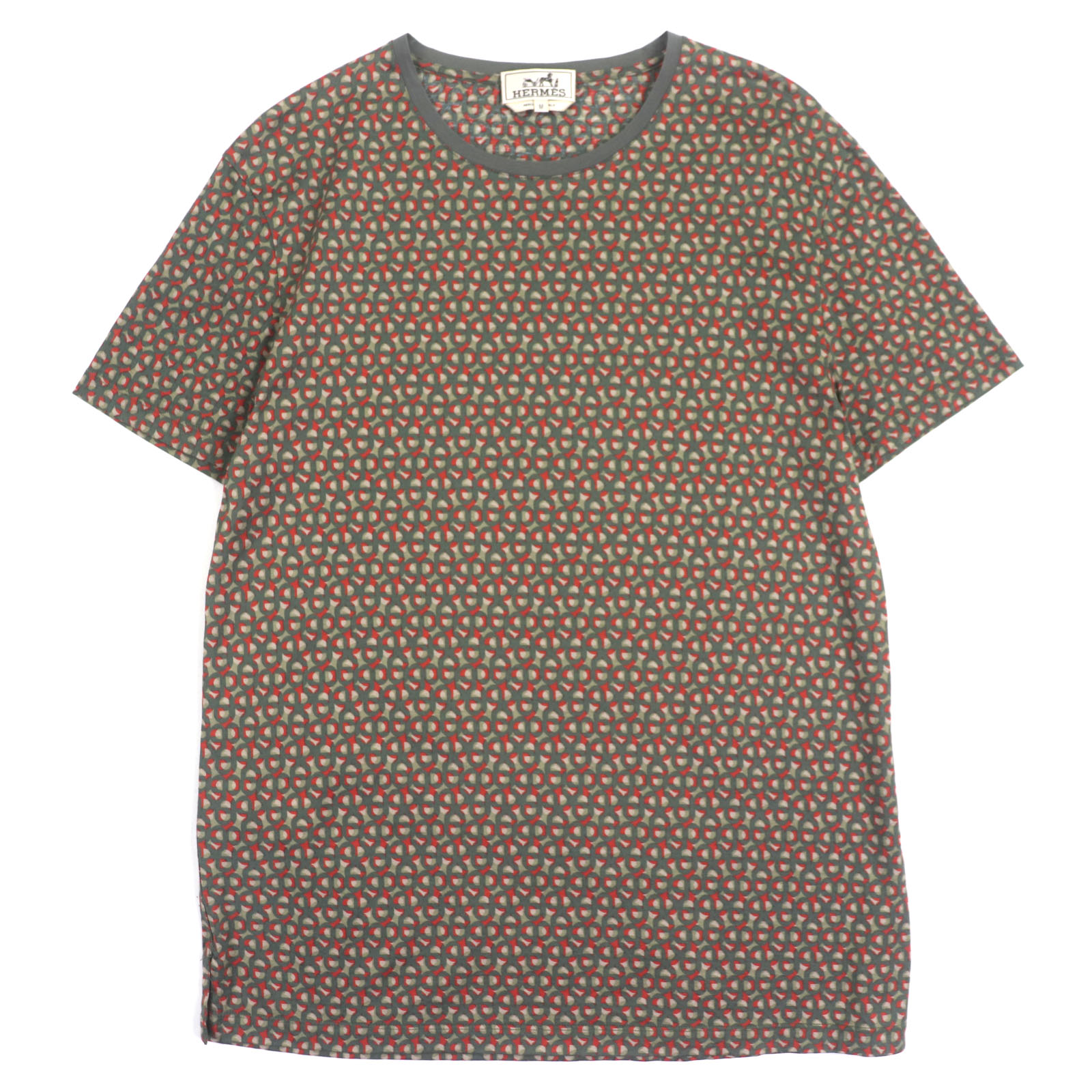 極美品▼HERMES エルメス コットン100% シェーヌダンクル柄 クルーネック ショートスリーブ 半袖Ｔシャツ カーキ系 M イタリア製 正規品 メンズ【中古】 28,105円