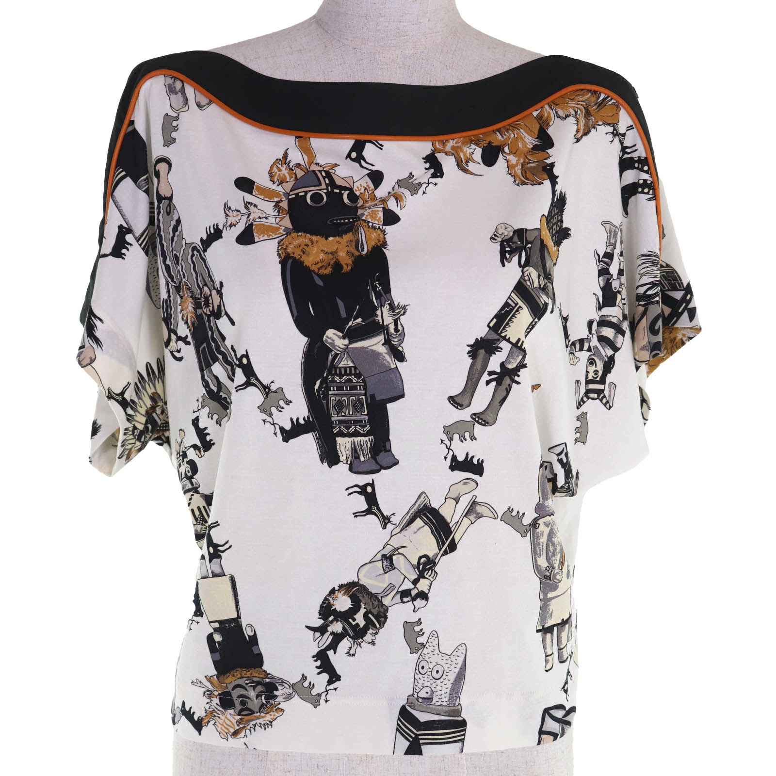極美品◇HERMES エルメス Kachinas カチナ コットン100％ 民族柄 レザー使い ボートネック 半袖Ｔシャツ マルチ 38 フランス製 正規品 レディース【中古】