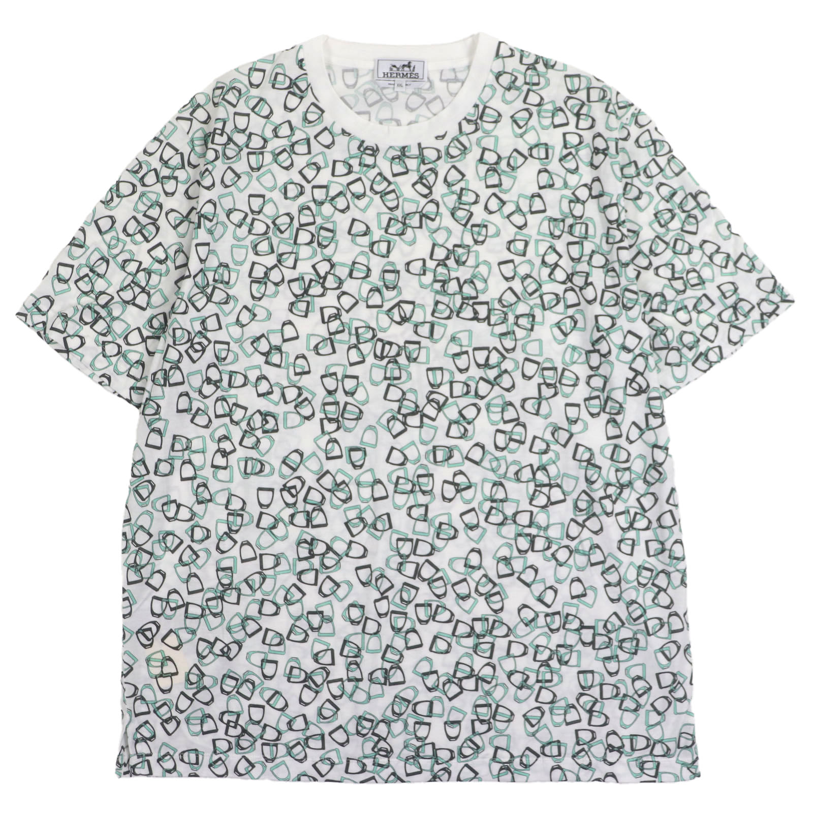 極美品▼HERMES エルメス ETRIERS コットン100% ビット 総柄 クルーネック ショートスリーブ 半袖Ｔシャツ ホワイト グリーン XXL イタリア製 正規品 メンズ【中古】｜衣類＆ブランドリサイクル GREEN