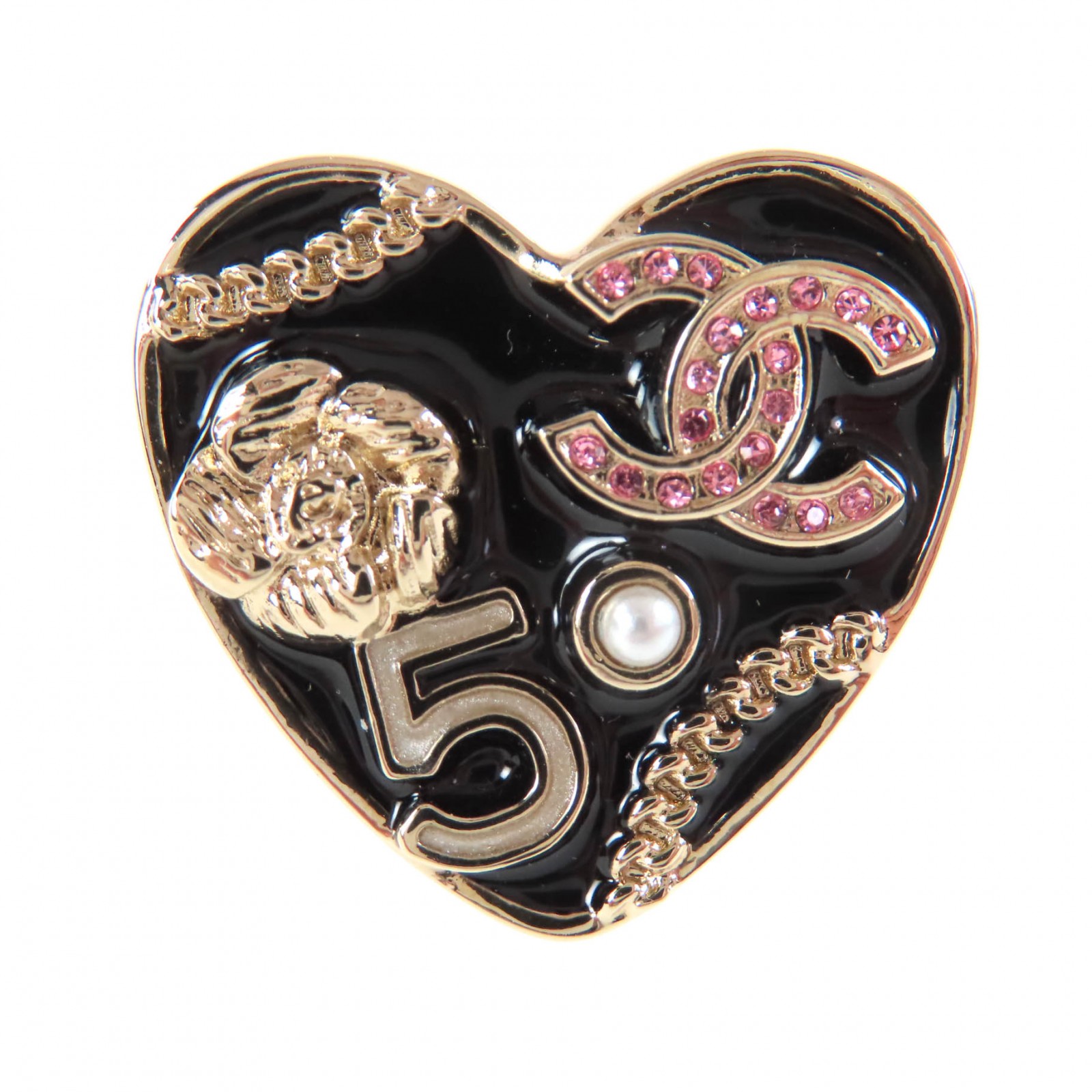 極美品◇CHANEL シャネル B24S ココマーク カメリア No5 アイコン ハート ピンブローチ ブラック ゴールド 箱付き イタリア製 レディース【中古】