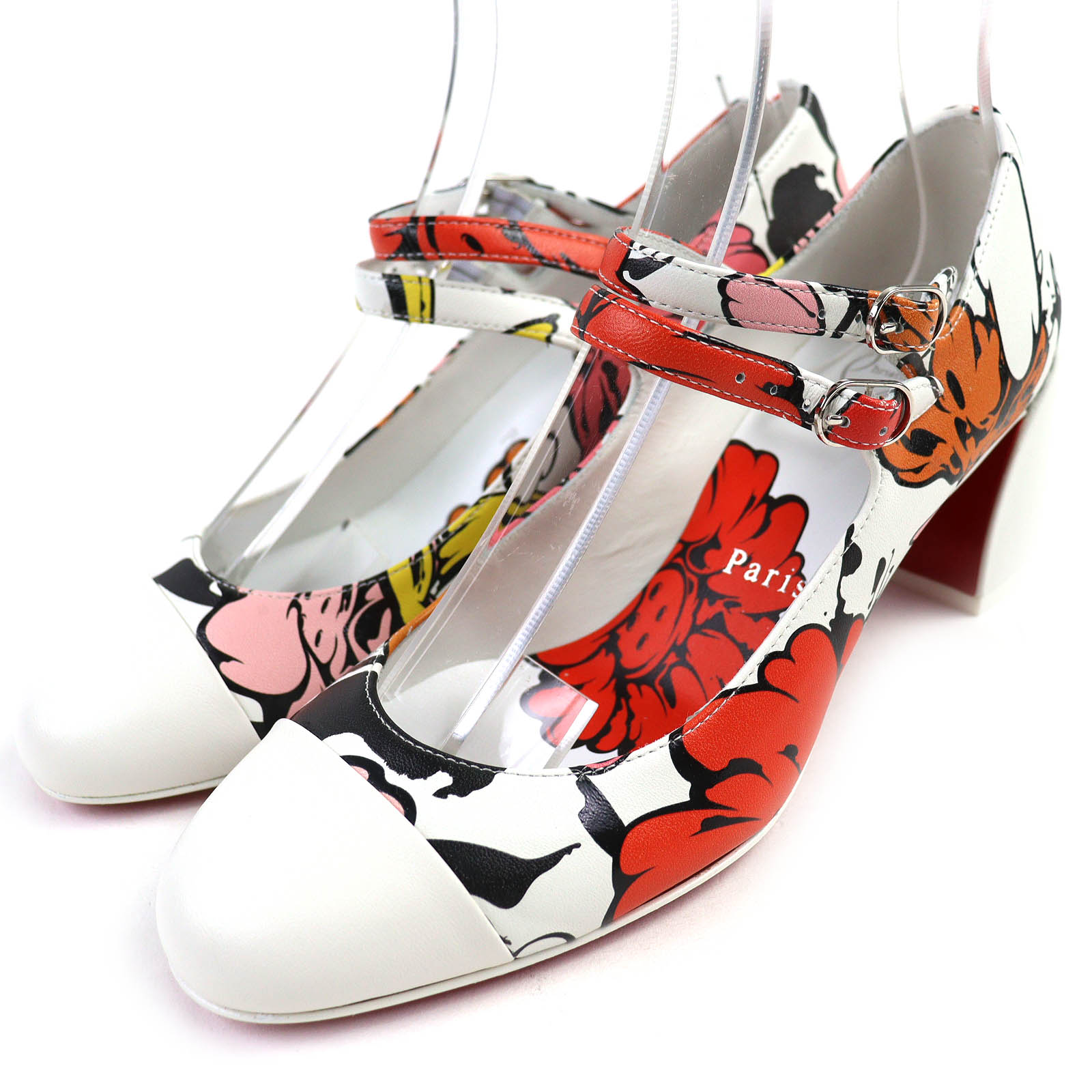 未当て嵌める品△CHRISTIAN LOUBOUTIN SHUN SUDO クリスチャン ルブタン シュン スドウ BUTTON FLOWER BLOSSOMS MISS JANE 為損ない ジェーン なめし革 パンプス 白いこと オレンジ色 赤いこと 黄色 35.5 箱・保護すること袋付き添い人 イタリア製 レディース【中古】