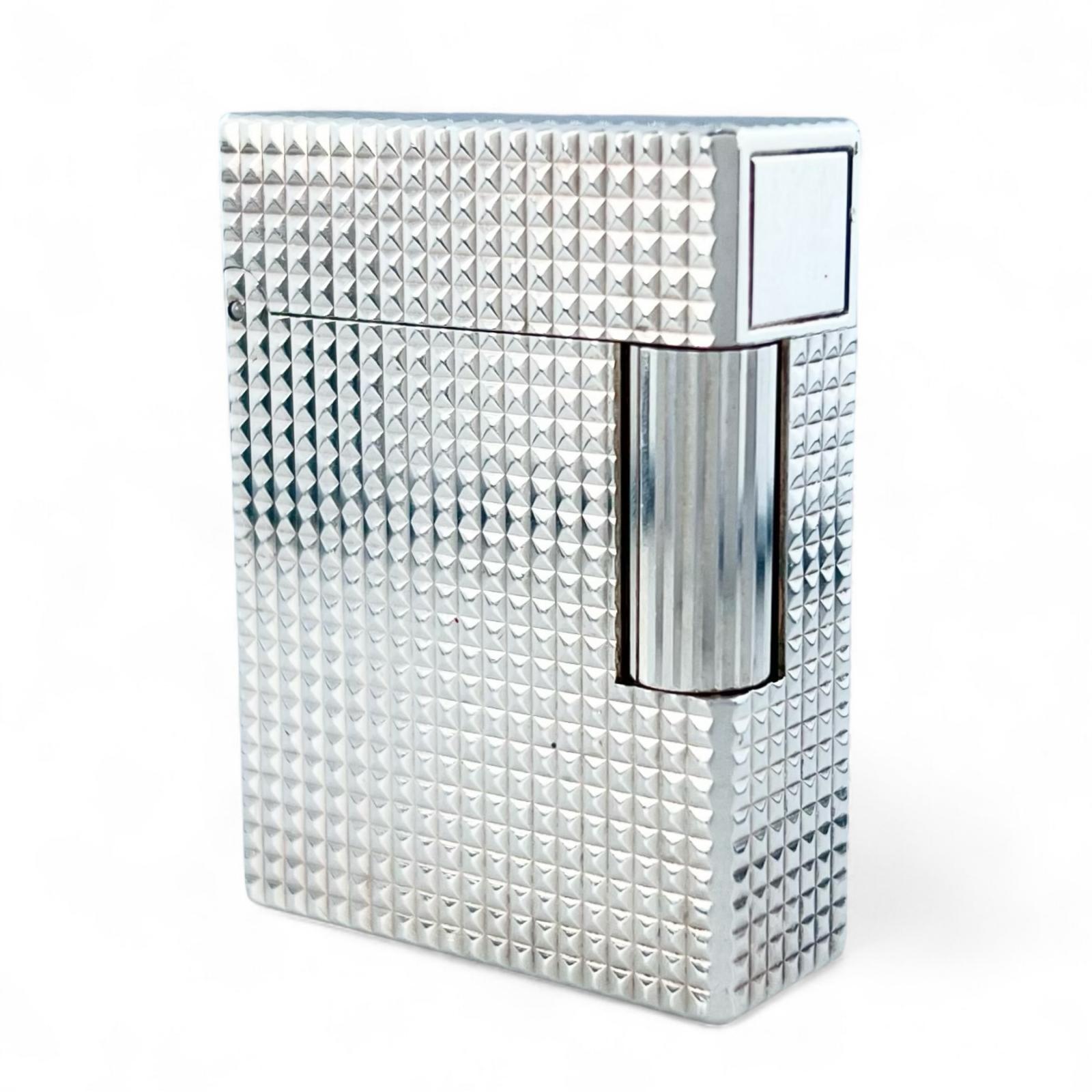 良品▲Dupont デュポン ライン1 ショート ダイヤモンドヘッド ローラー式 ガスライター シルバー ケース付き フランス製 メンズ 着火確認済み【中古】