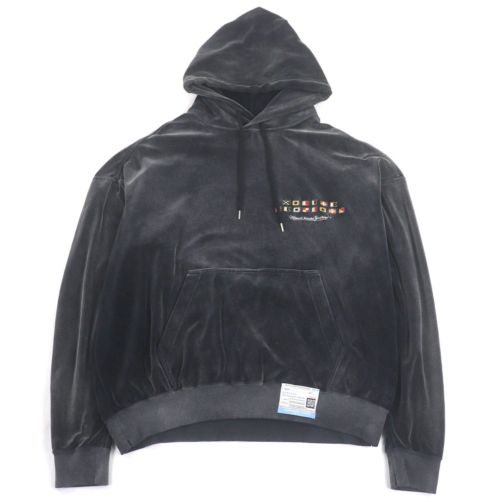 美品□Maison MIHARA YASUHIRO メゾンミハラヤスヒロ 23AW A11固定ディスク581 Wide Back Velour Hoodie 軍旗刺しゅう 天鵞絨 ティーシャツパーカー 濃灰色 48 日本製 置き目品 メンズ【中古】