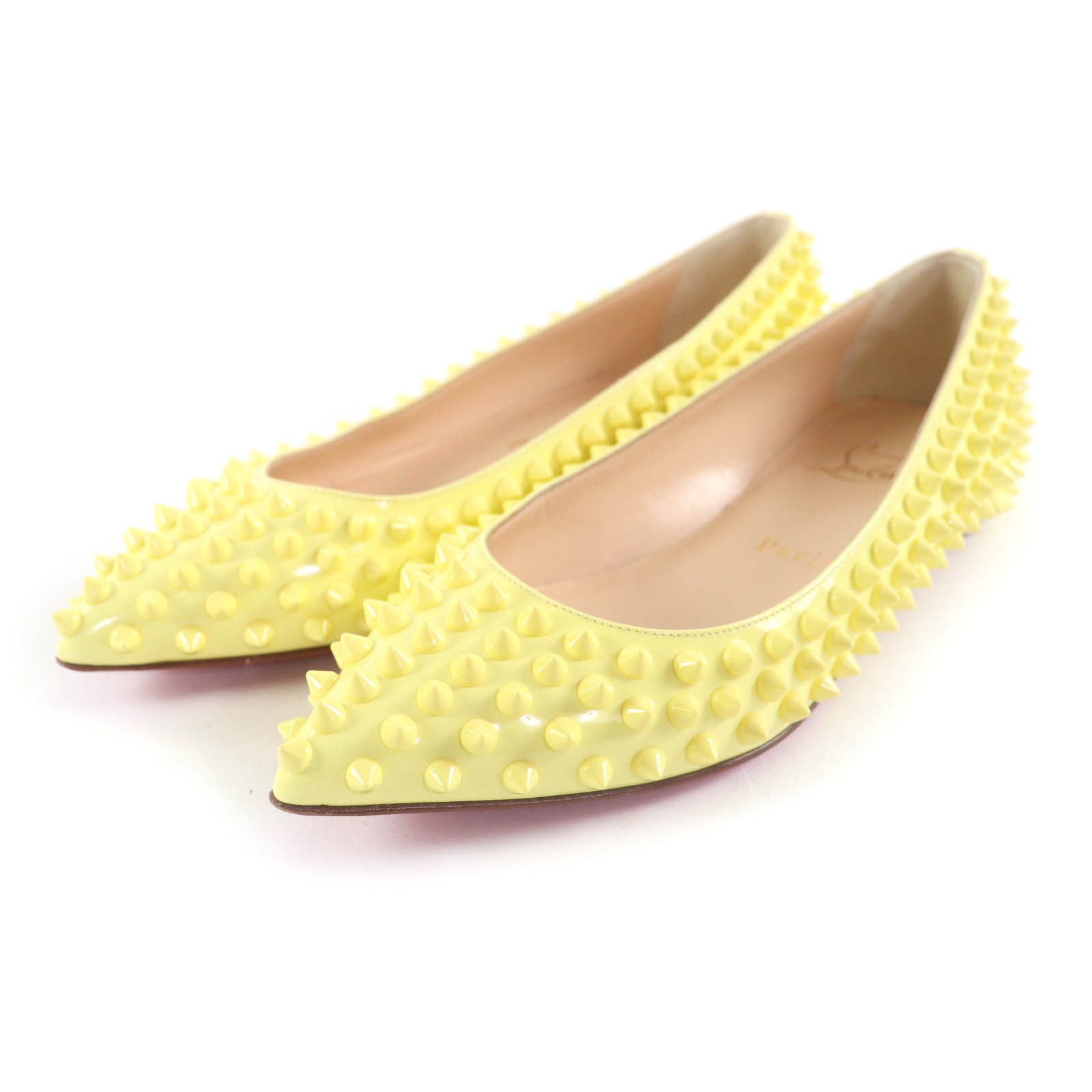 極美品★Christian Louboutin クリスチャンルブタン スタッズ付 ポインテッドトゥ フラット パンプス イエロー 35 イタリア製 レディース【中古】