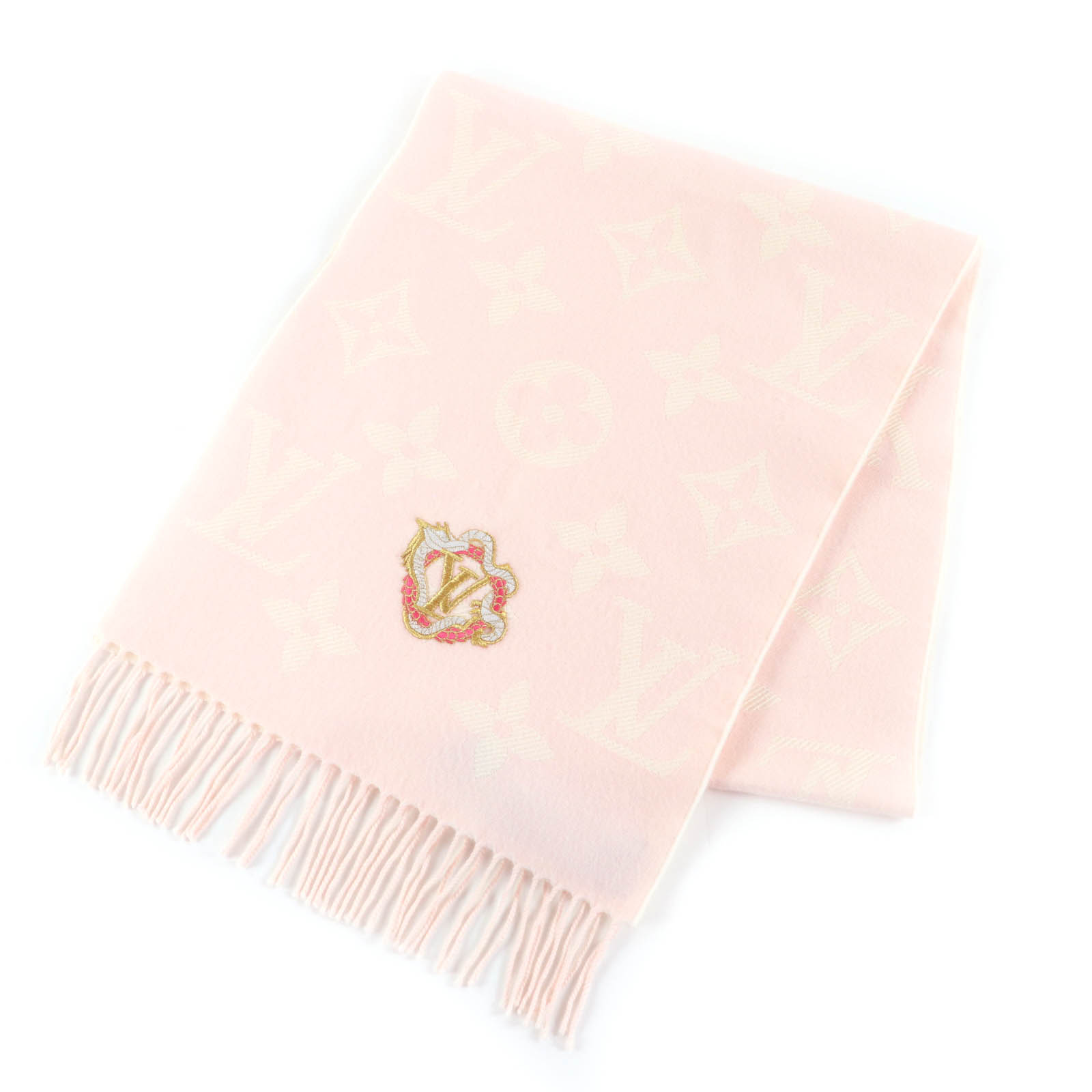 美品★LOUIS VUITTON ルイヴィトン 2023年製 M79522 羊毛100％ LVエセンシャル プレシャスドラゴン フリンジ えり巻き サクラ色 象牙色 170cm×34糎 箱付き添い人 イタリア製 置き目品 レディース【中古】