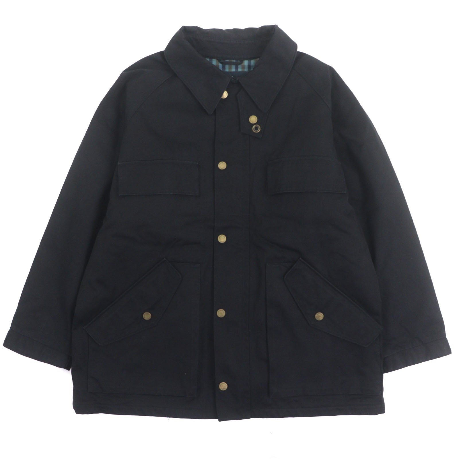 良品▼Aquascutum LONDON アクアスキュータムロンドン ロゴ入りボタン 中綿入り ジップアップ ジャケット コート ブラック XL メンズ【中古】