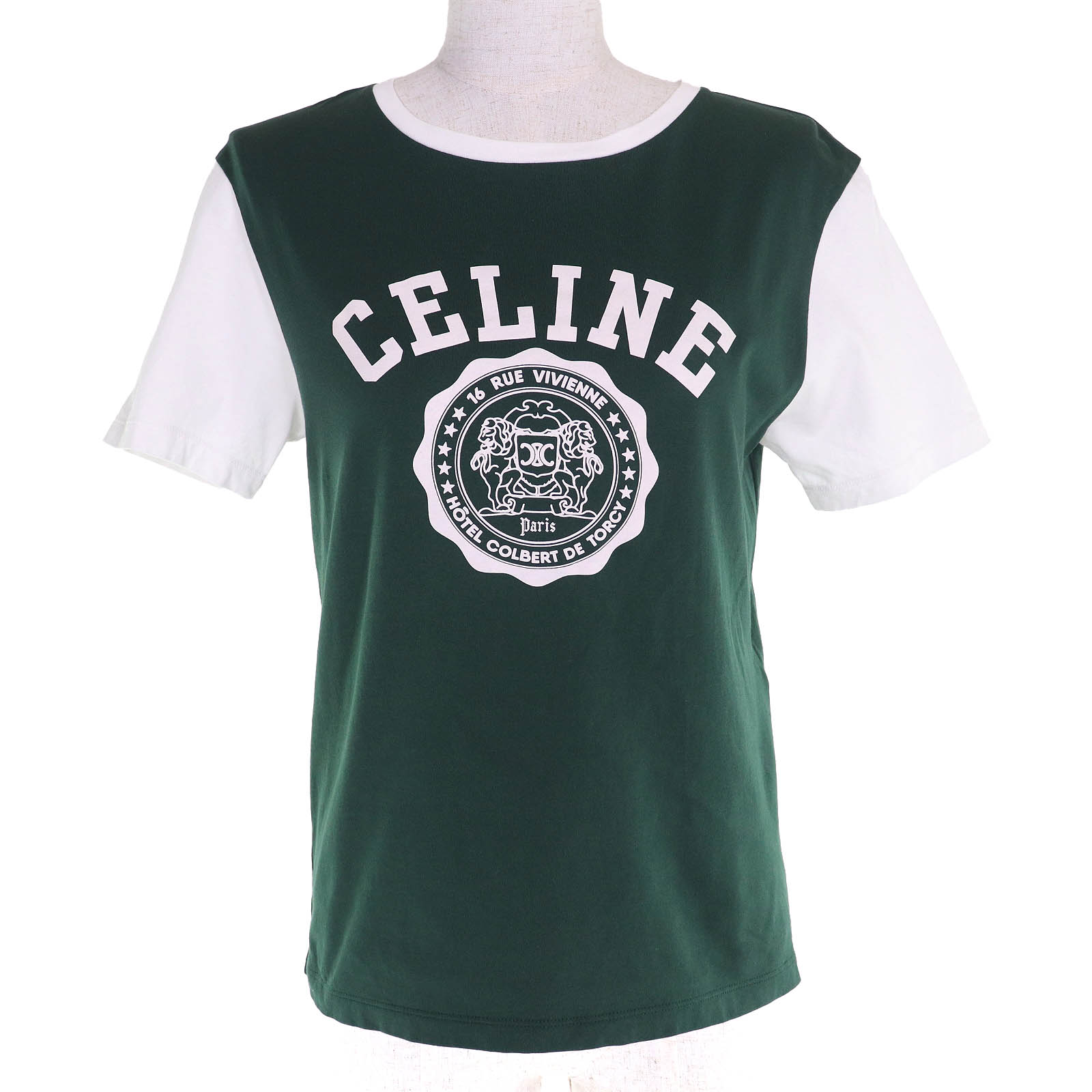 美品△CELINE セリーヌ RX04B671Q CELINE BLASON エディ期 トリオンフ 綿織物プルオーバー レギュラー 半袖Ｔシャツ 緑であること XS イタリア製 置き目品 レディース【中古】